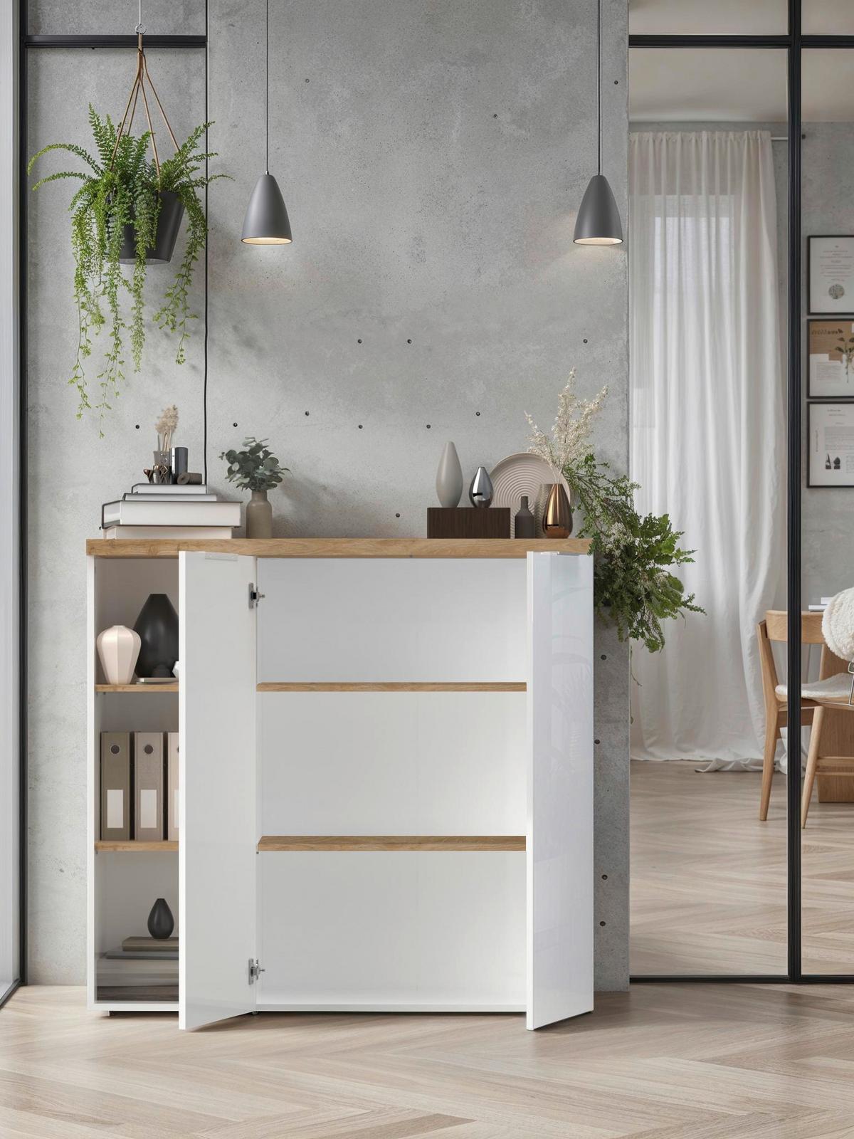 Schrank Easy Office Eichefarben/Weiß Hochglanz - Weiß Hochglanz/Eichefarben, MODERN, Holzwerkstoff/Metall (121/116/34cm) - Based