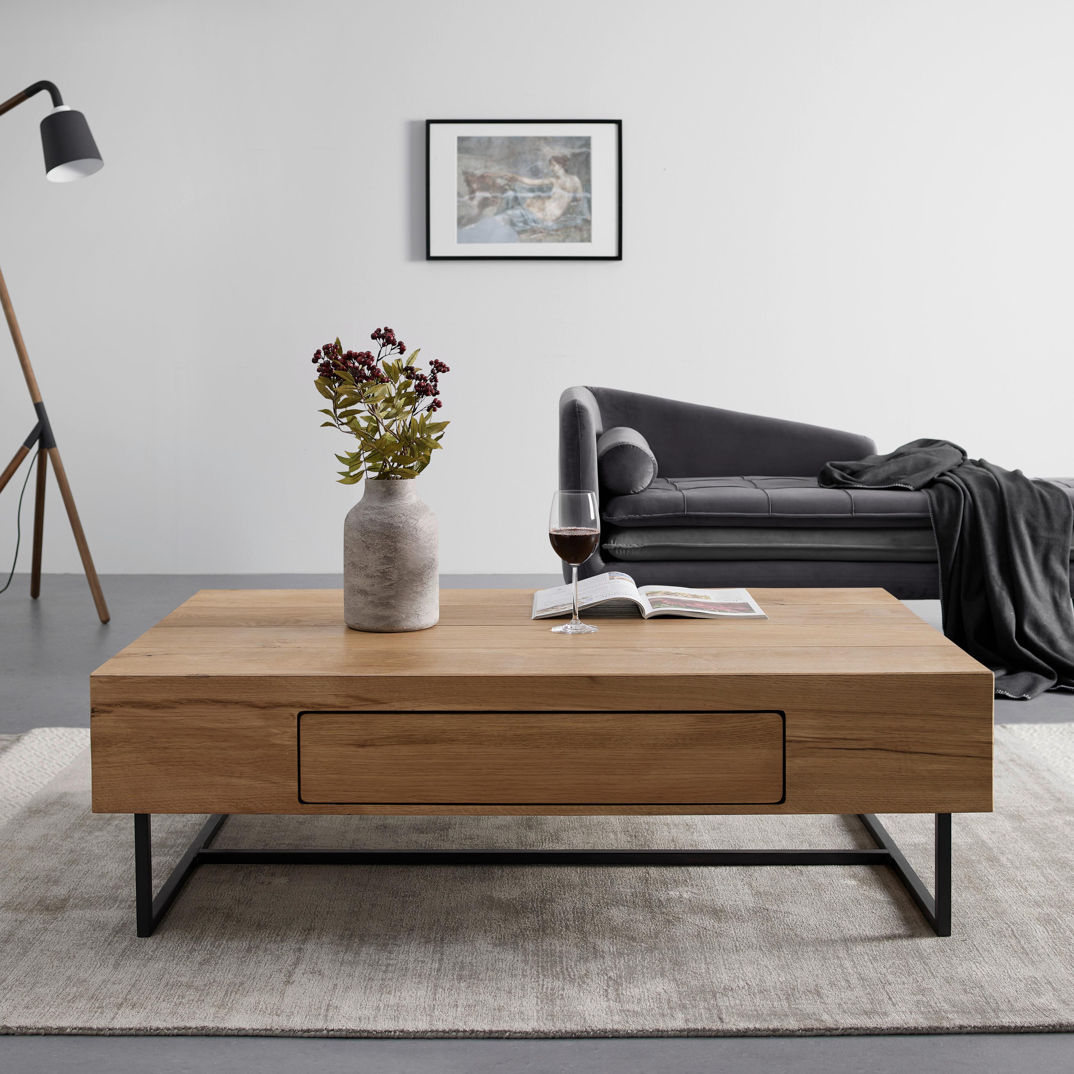 Couchtisch "Davide", ca. 130x80 cm, aus Eiche, massiv - Eichefarben/Schwarz, MODERN, Holz/Metall (130/40/80cm) - Bessagi Home