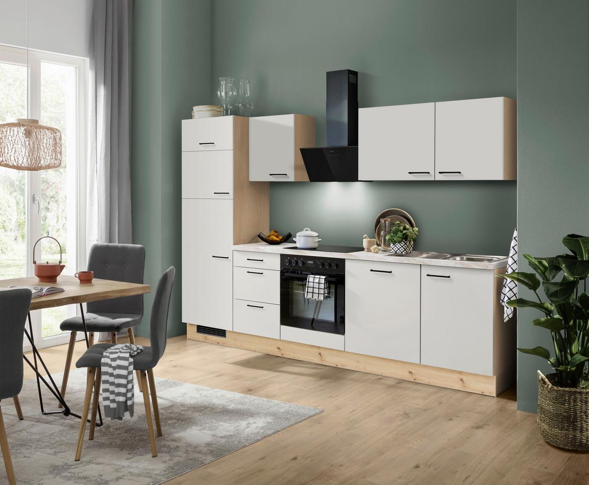 Küchblock IP1200 o. Geräte Weiß - Eichefarben/Schwarz, MODERN, Holzwerkstoff/Metall (280cm) - Impuls