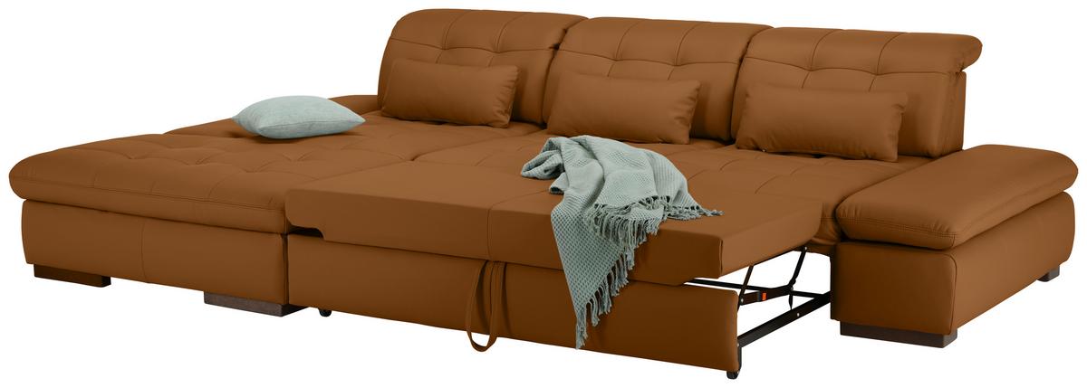 Wohnlandschaft Sanfino Leder Dunkelorange - Chromfarben/Dunkelorange, KONVENTIONELL, Leder/Metall (199/79-96/305cm) - Premium Living
