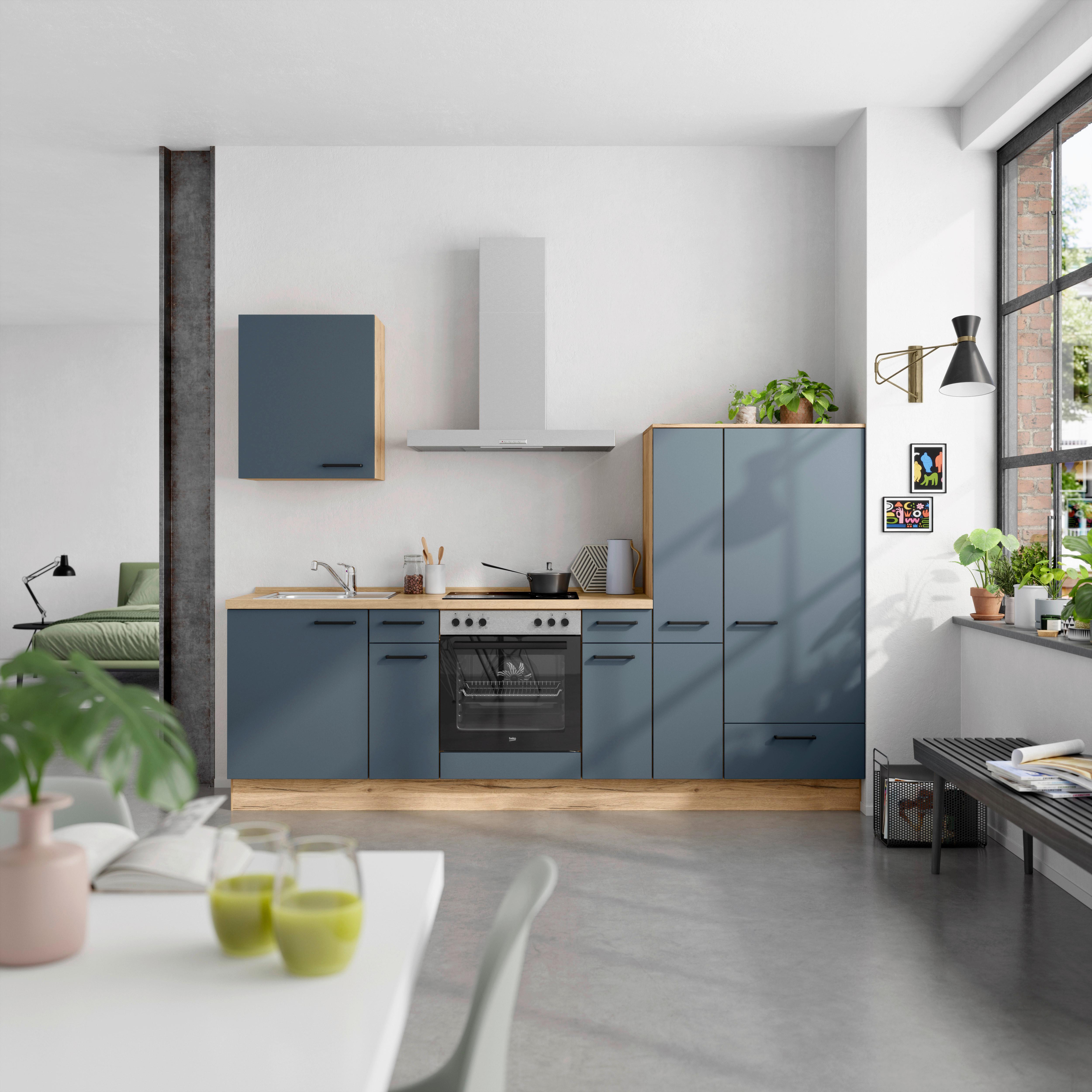 Küchenblock Easytouch Low m. Geräten Blau - Blau/Eichefarben, MODERN, Holzwerkstoff/Metall (270cm) - Nobilia