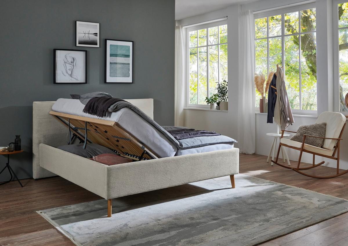 Polsterbett Meila inkl. Stauraum, ca. 160x200cm - Birkefarben/Beige, KONVENTIONELL, Holz/Textil (160/200cm) - Premium Living