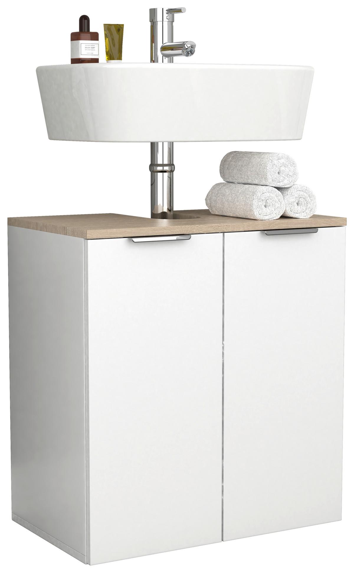 Waschbeckenunterschrank Donali ca. 56x60 cm Weiß/Eiche - Silberfarben/Weiß, MODERN, Holzwerkstoff/Metall (56/60/34cm) - MID.YOU