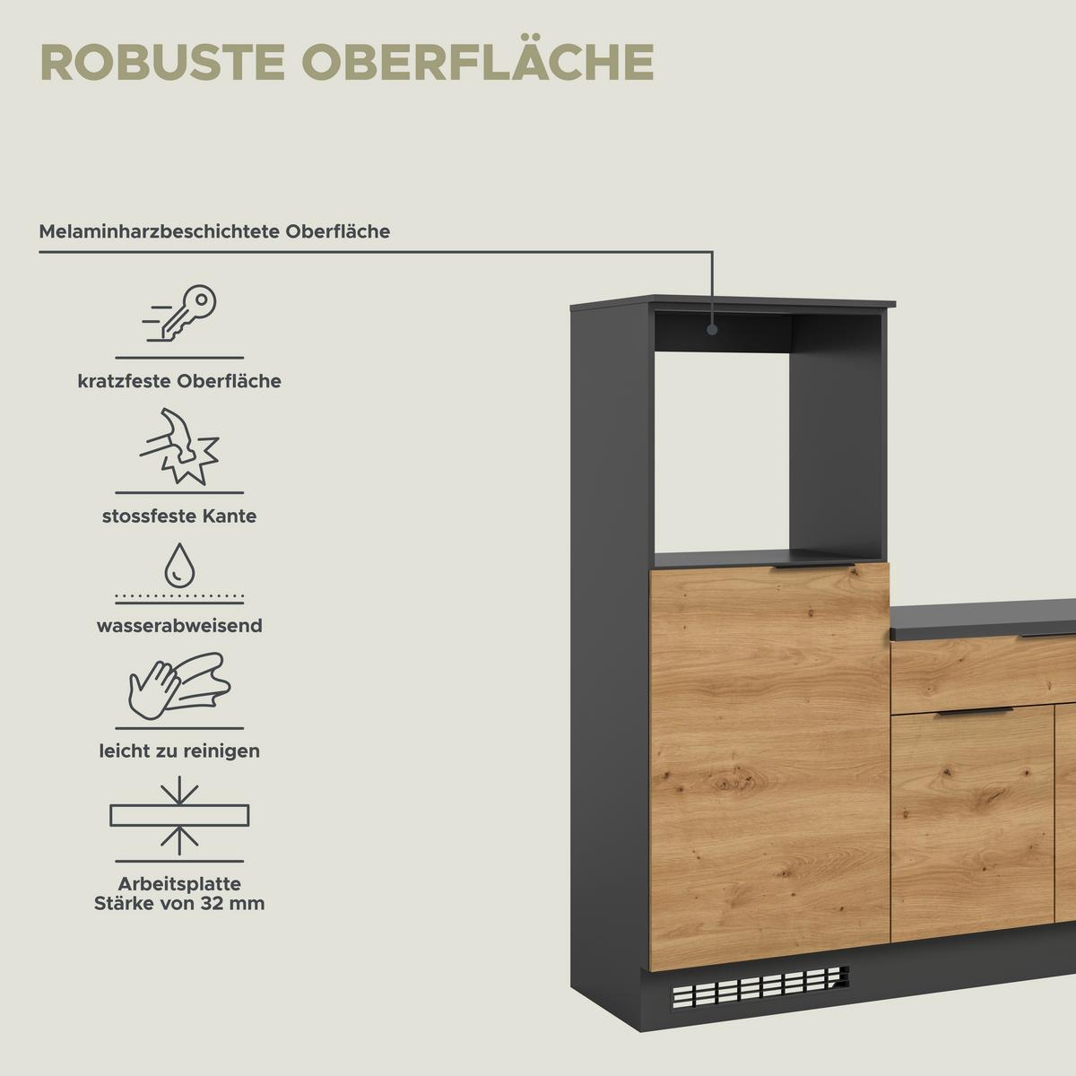 Küchenblock Charly ohne Geräte ca.260cm Eiche Artisan - Schwarz/Weiß, MODERN, Holzwerkstoff/Metall (260cm) - MID.YOU