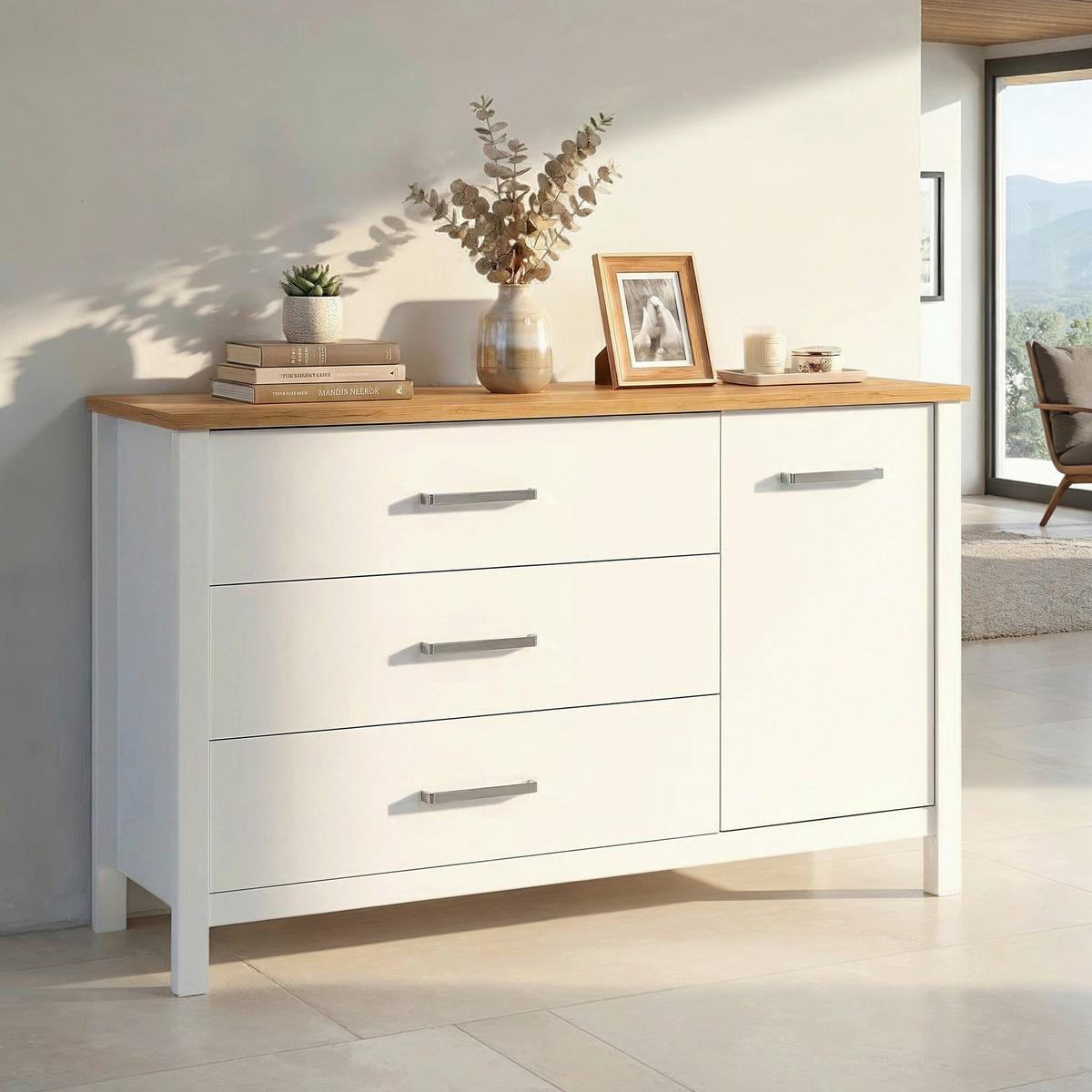 Sideboard Sicilia Weiß/Eiche - Silberfarben/Weiß, ROMANTIK / LANDHAUS, Holzwerkstoff/Metall (148/92/45cm) - Mömax