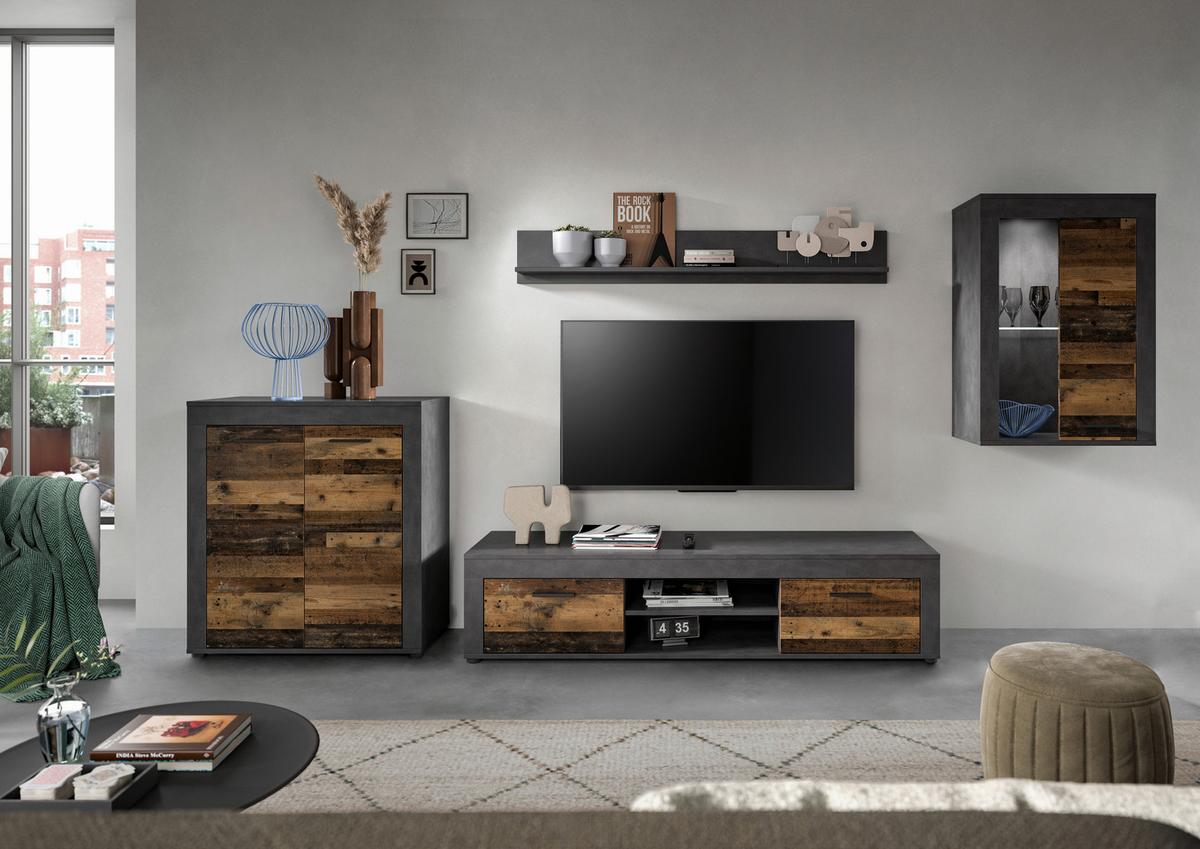 Ansamblu mobilier camera de zi JAM - culoare natur/gri, Design, sticlă/material pe bază de lemn (330/169/35cm) - Modern Living