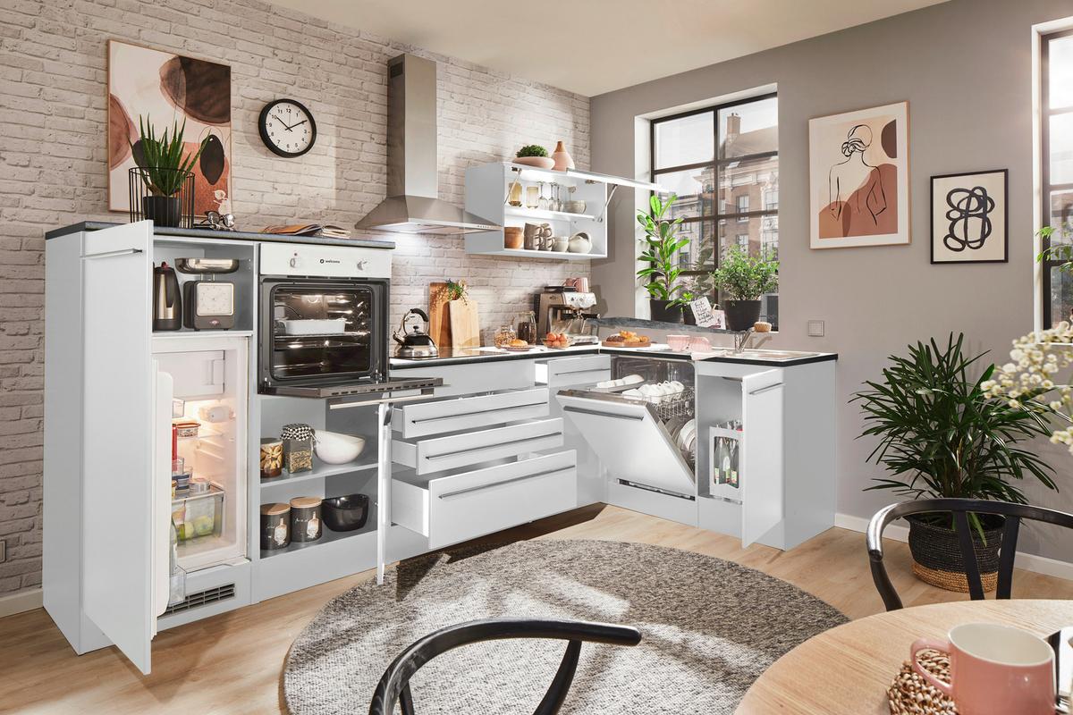 Eckküche Jazz mit Geräten ca.320x175cm Weiß Hochglanz - Weiß Hochglanz/Anthrazit, Basics, Holzwerkstoff/Kunststoff (320/175cm) - P & B