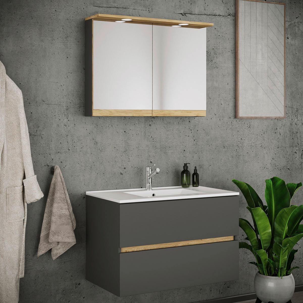 Badezimmer Cosila - Honigeiche/Weiss, Trend, Keramik/Holzwerkstoff (110cm) - MID.YOU