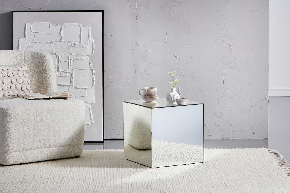 STOLIK KAWOWY KUBA - przejrzysty, Design, materiał drewnopochodny/szkło (40/40/40cm) - MID.YOU