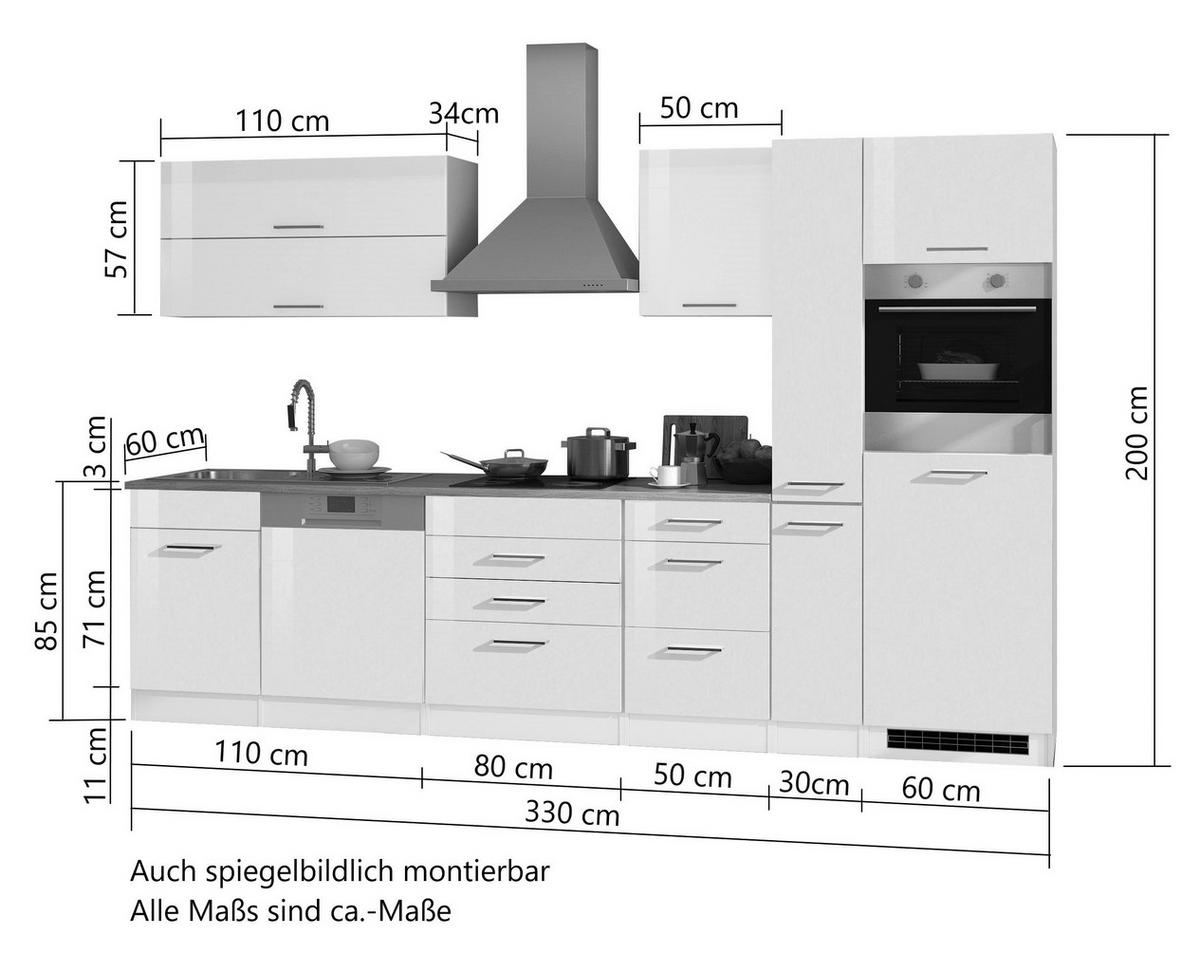 Küchenblock Mailand m. Geräten Weiß Hochglanz - Weiß Hochglanz/Silberfarben, MODERN, Holzwerkstoff/Metall (330cm) - Held
