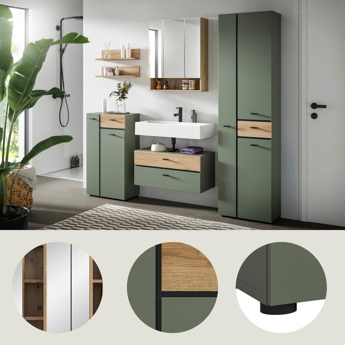 Badezimmer Aqua Grün/Eichefarben 5-teilig - Eichefarben/Schwarz, Trend, Glas/Holzwerkstoff (177cm) - MID.YOU
