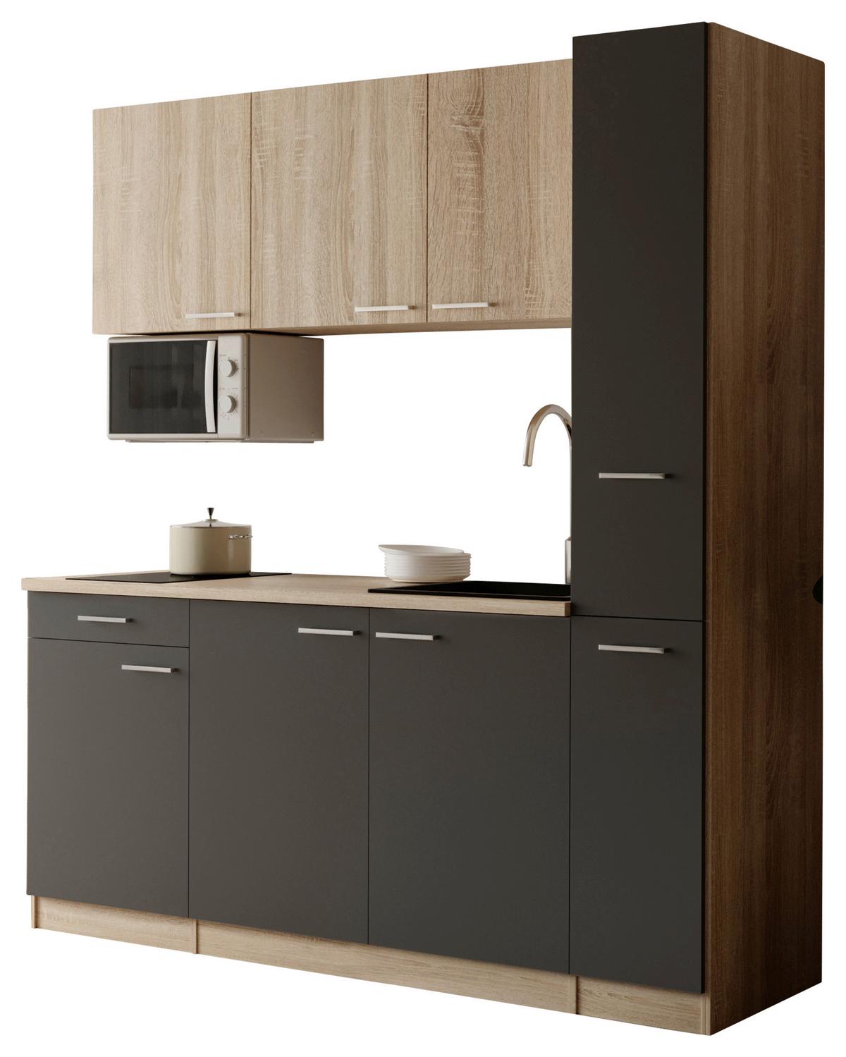 Küchenblock Ingrid m. Geräten Grau - Eichefarben/Alufarben, Design, Holzwerkstoff/Kunststoff (180cm) - Respekta