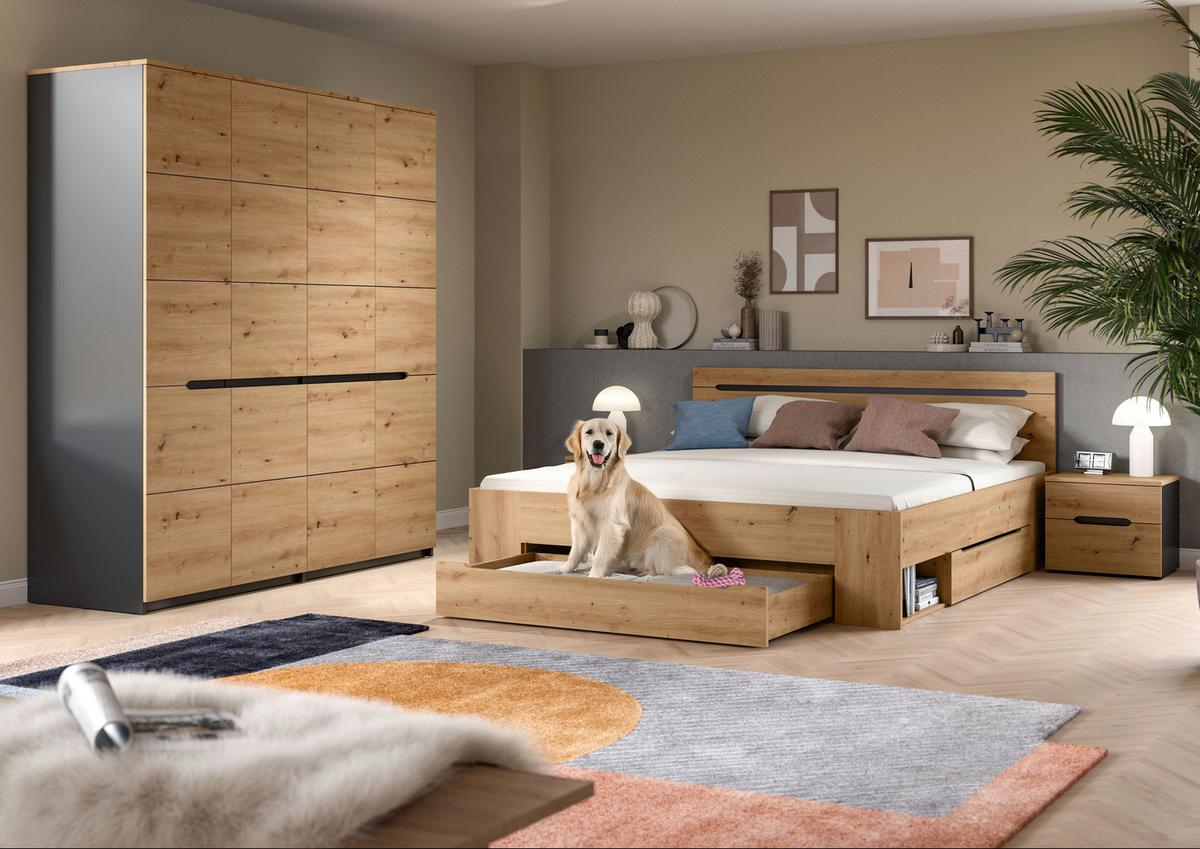 Schlafzimmer 4-teilig Grau, Eiche Artisan - Eiche Artisan/Grau, MODERN, Holzwerkstoff - MID.YOU