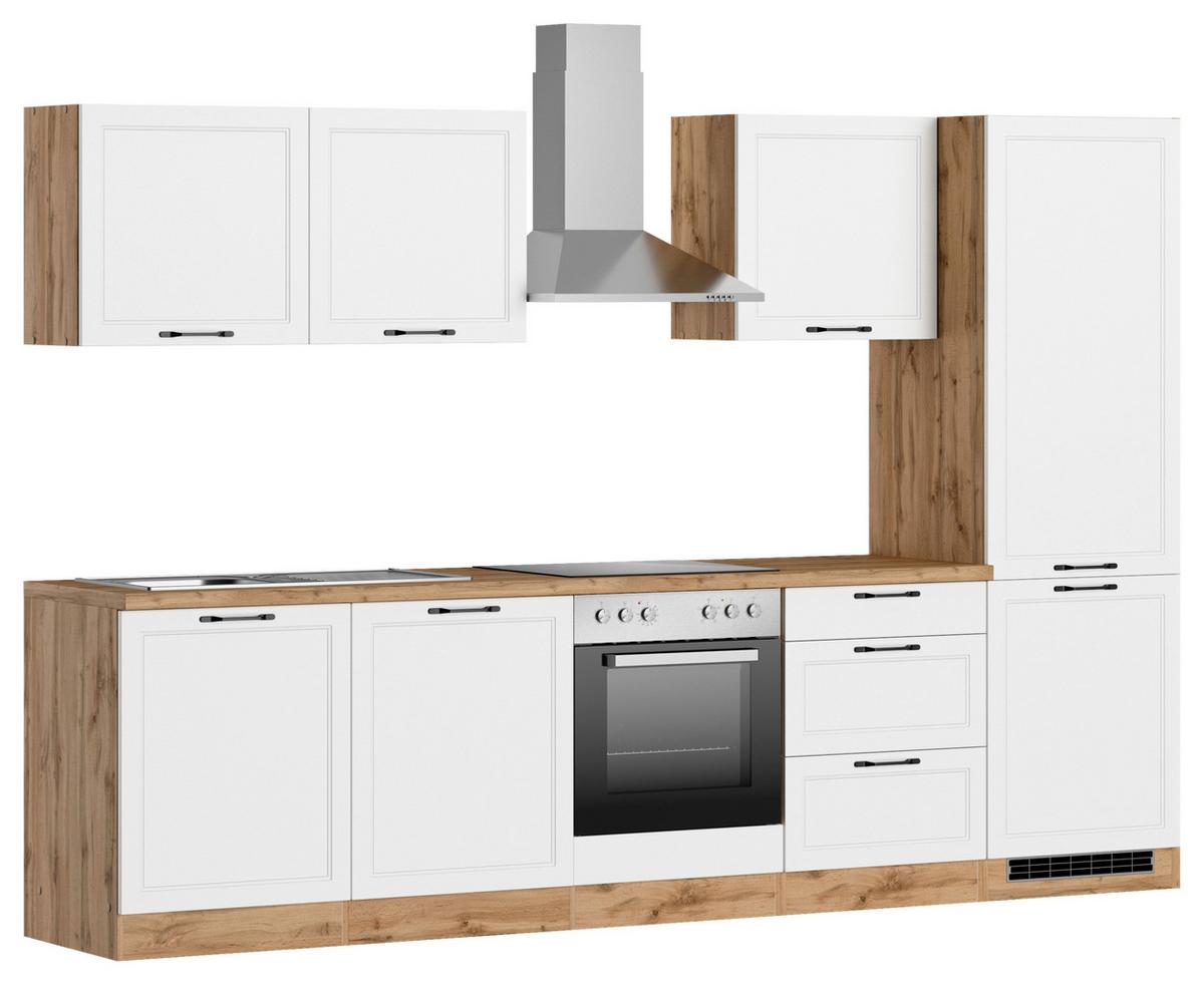 Küchenzeile Meran mit Geräten ca. 300 cm Weiß/Eiche - Eiche Wotan/Schwarz, LIFESTYLE, Holzwerkstoff/Metall (300cm) - Held
