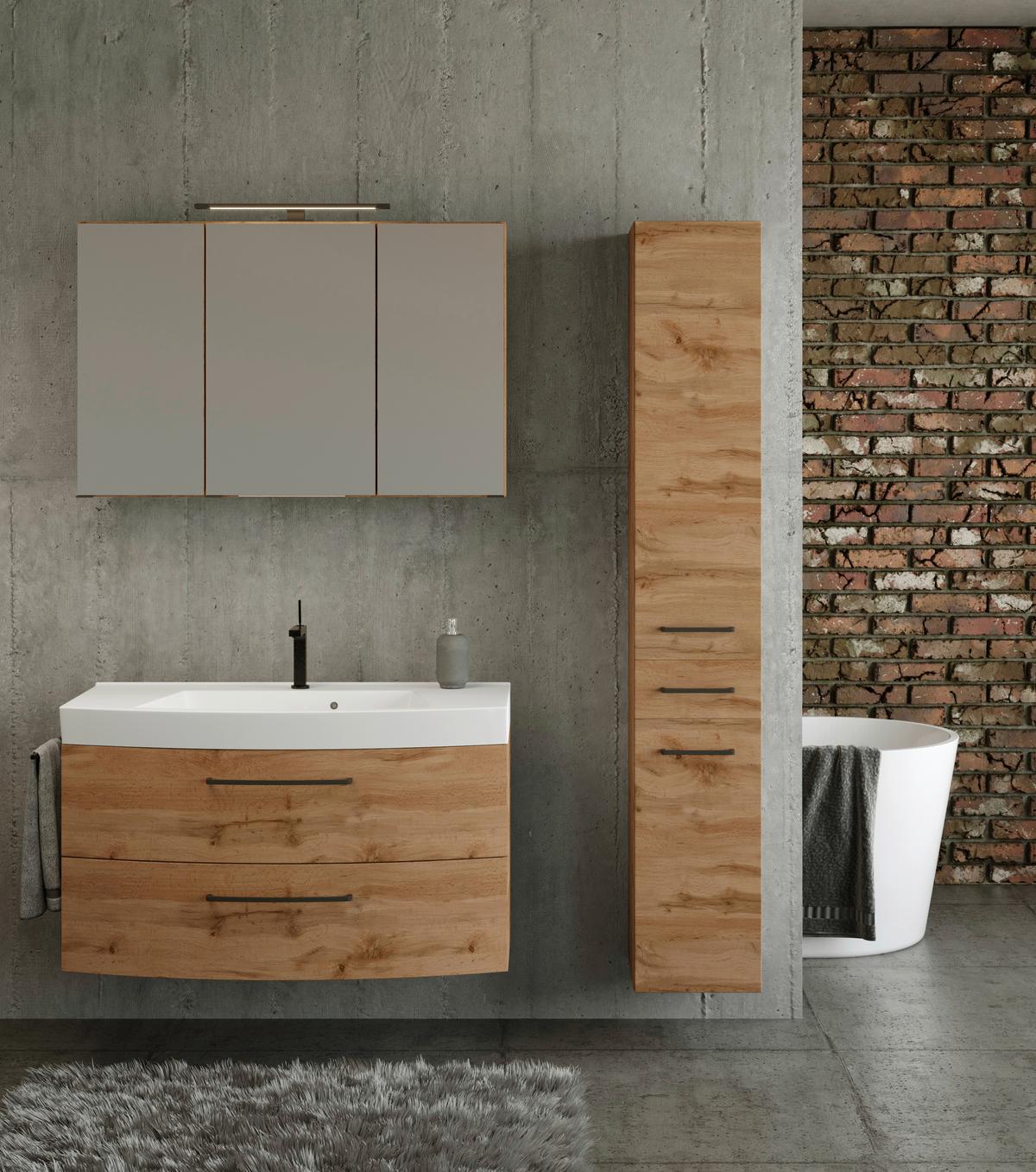 Badezimmer Manchester 3-tlg. ca. 130 cm Eiche Wotan - Eichefarben/Weiß, MODERN, Holzwerkstoff/Stein (130cm) - Held