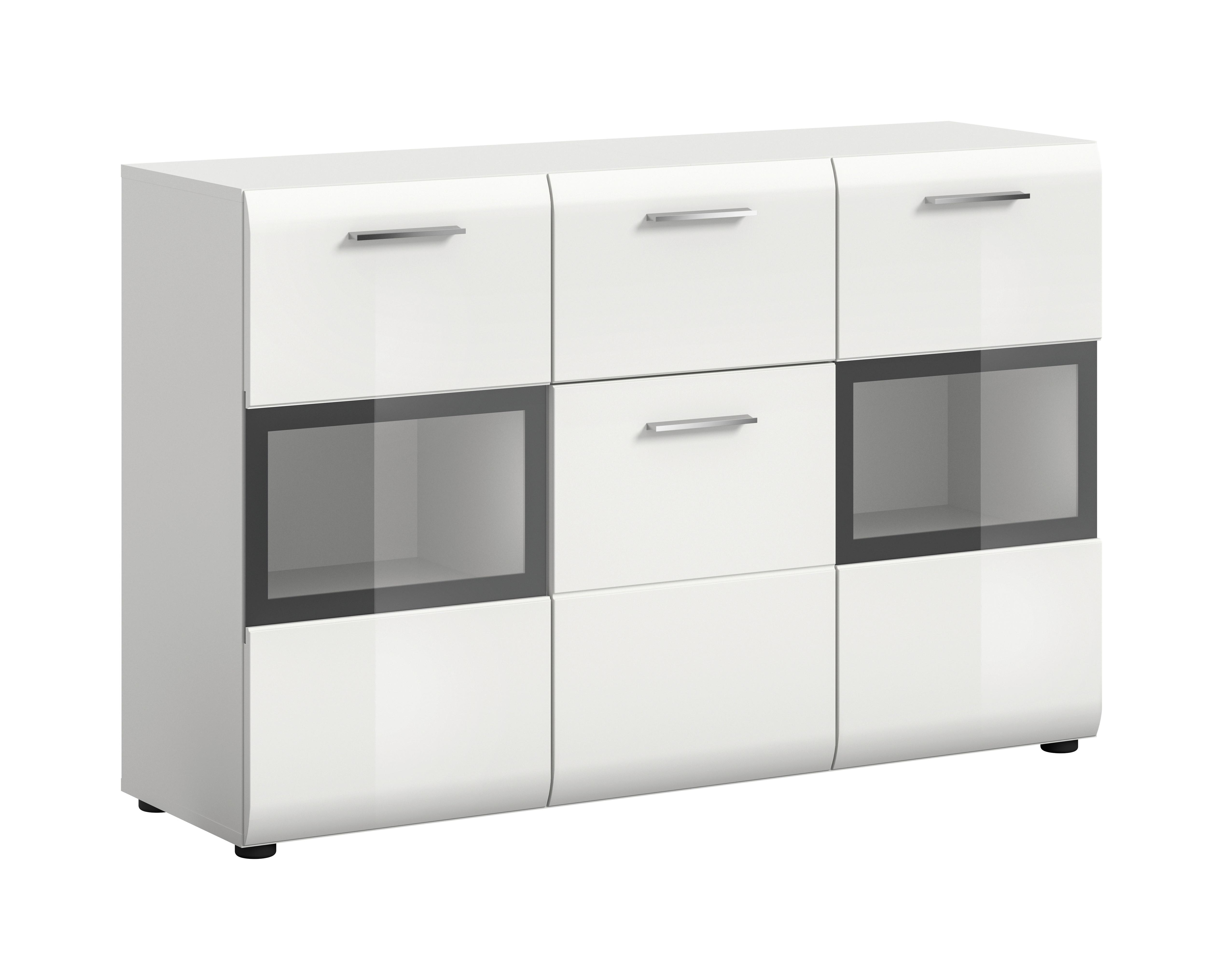 Široka Komoda Ice, Bela Visok Sijaj - srebrne barve/črna, Design, umetna masa/leseni material (125/81/37cm) - Livetastic