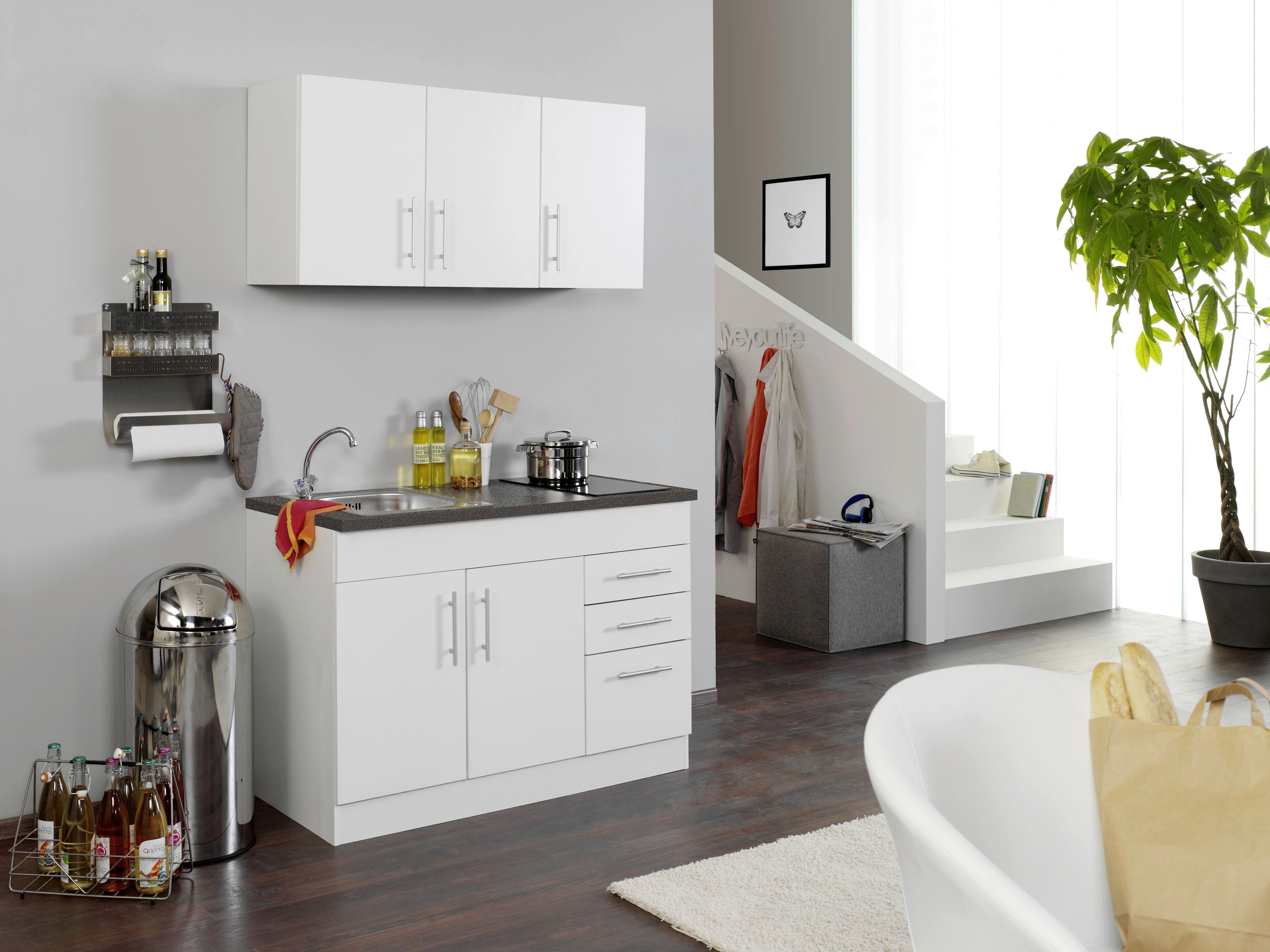 Miniküche Toronto B: ca. 120cm Weiß - Chromfarben/Graphitfarben, MODERN, Holzwerkstoff/Metall (120cm) - Held