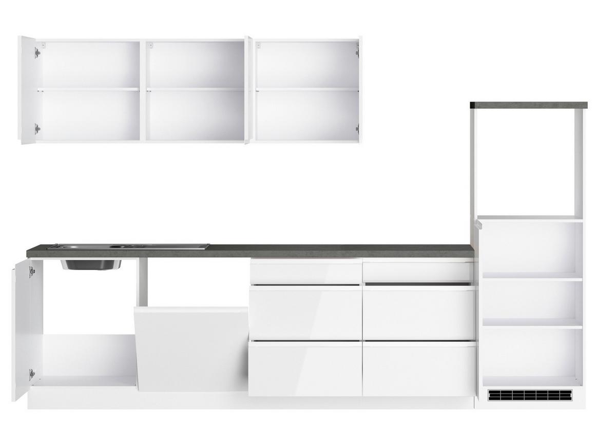 Küchenzeile Monza ohne Geräte ca. 300cm Grau/Weiß + Spüle - Weiß Hochglanz/Weiß, LIFESTYLE, Holzwerkstoff (300cm) - Held