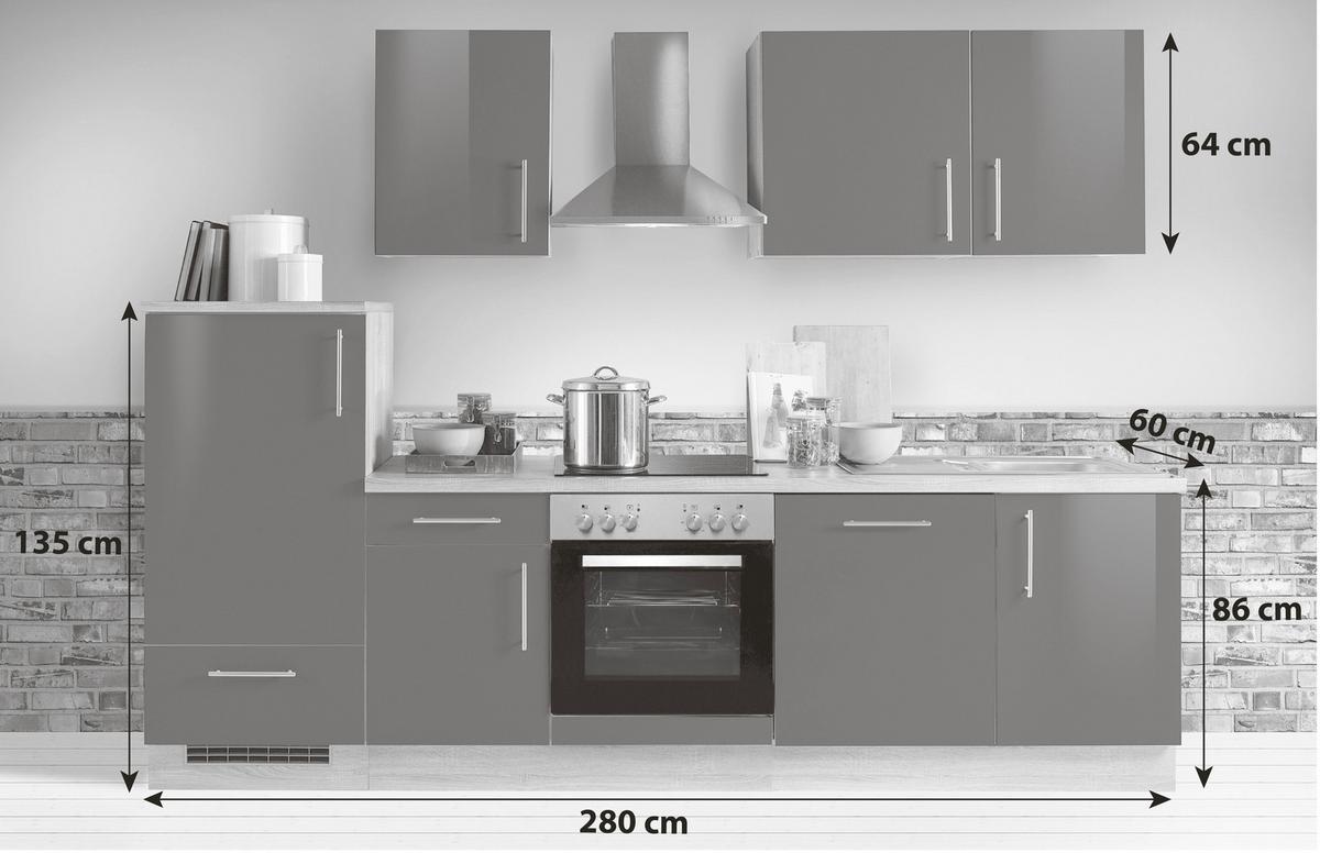 Menke Küchenblock Premium Weiß Hochgl./Eiche ca. 280 cm - Weiß Hochglanz/Silberfarben, KONVENTIONELL, Holzwerkstoff/Metall (280cm) - Menke