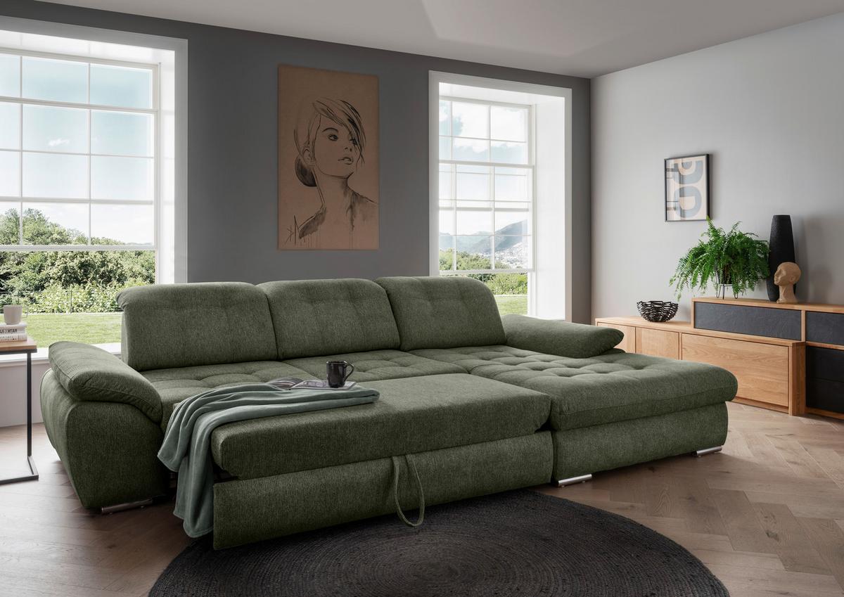 Ecksofa Rigatti Grün Chenille m. Bettkasten - Chromfarben/Grün, MODERN, Textil/Metall (314/184cm) - Livetastic