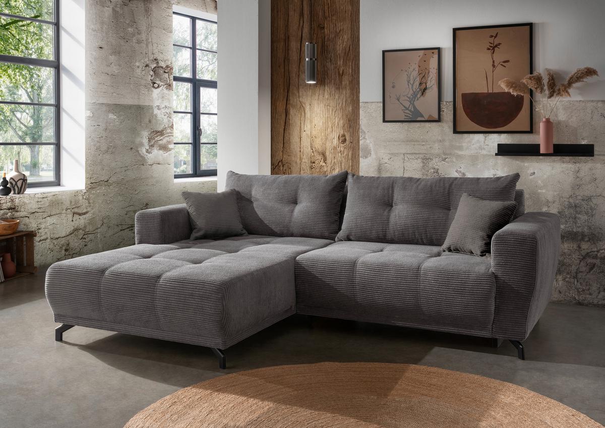 Wohnlandschaft Restato Grau Cord - Schwarz/Grau, MODERN, Holz/Textil (177/246cm) - MID.YOU