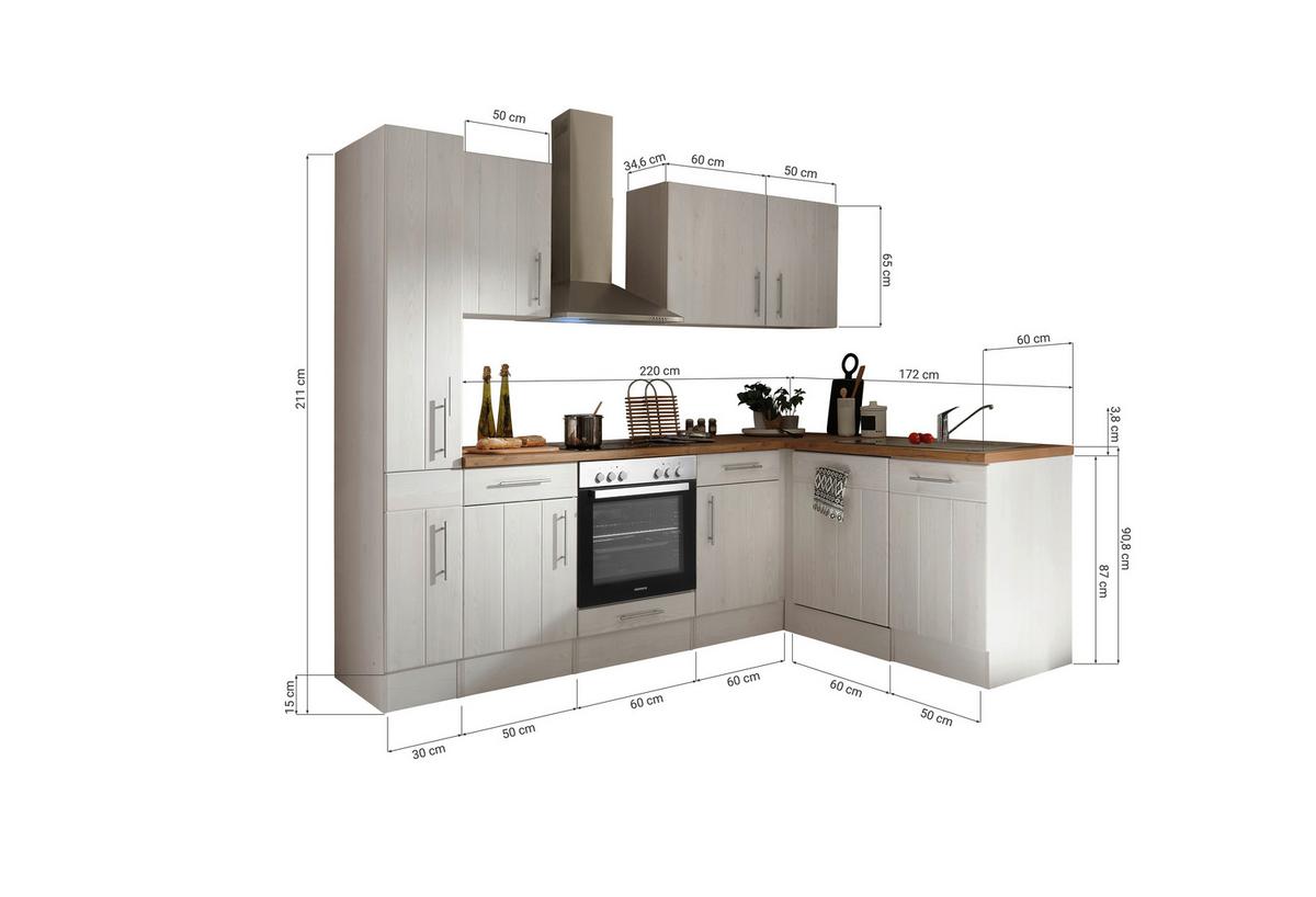 Eckküche Anton Landhaus ohne Geräte ca. 250x172cm Weiß - Wildeiche/Edelstahlfarben, Basics, Holzwerkstoff/Metall (250/172cm) - Respekta