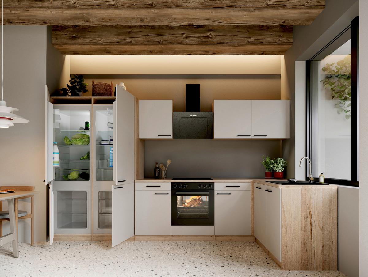 Eckküche Merle m. Geräten ca. 340x172cm Kaschmir - Kaschmir/Eichefarben, Trend, Holzwerkstoff/Metall (340/172cm) - Respekta