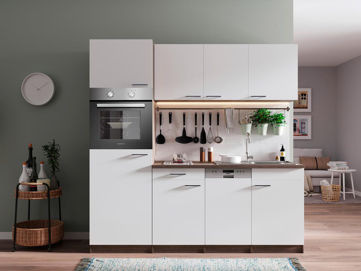 Küchenblock Oliver mit Geräten ca. 205 cm Weiß - Eichefarben/Alufarben, Basics, Holzwerkstoff/Kunststoff (205cm) - Respekta