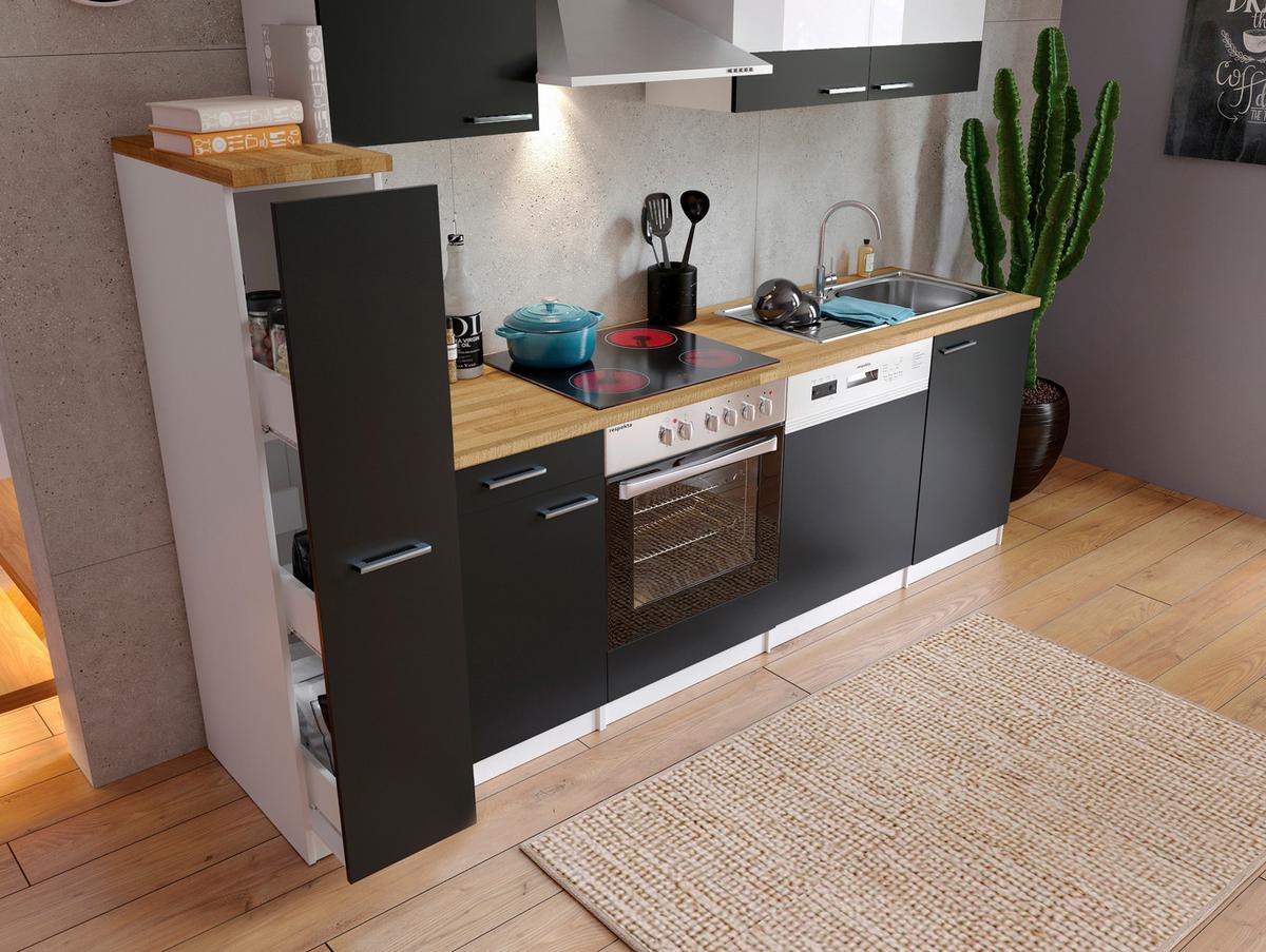 Küchenzeile Economy m. Geräten Schwarz/Nussbaum B: ca. 250 cm - Edelstahlfarben/Nussbaumfarben, Basics, Holzwerkstoff/Metall (250cm) - Respekta