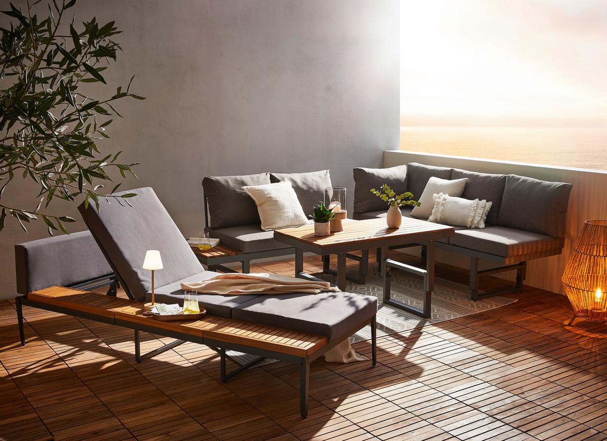 KOMPLET MEBLI TARASOWYCH PARIS - kolor drewna tekowego/szary, Modern, metal/drewno (110/45-63/48cm) - Ambia Garden