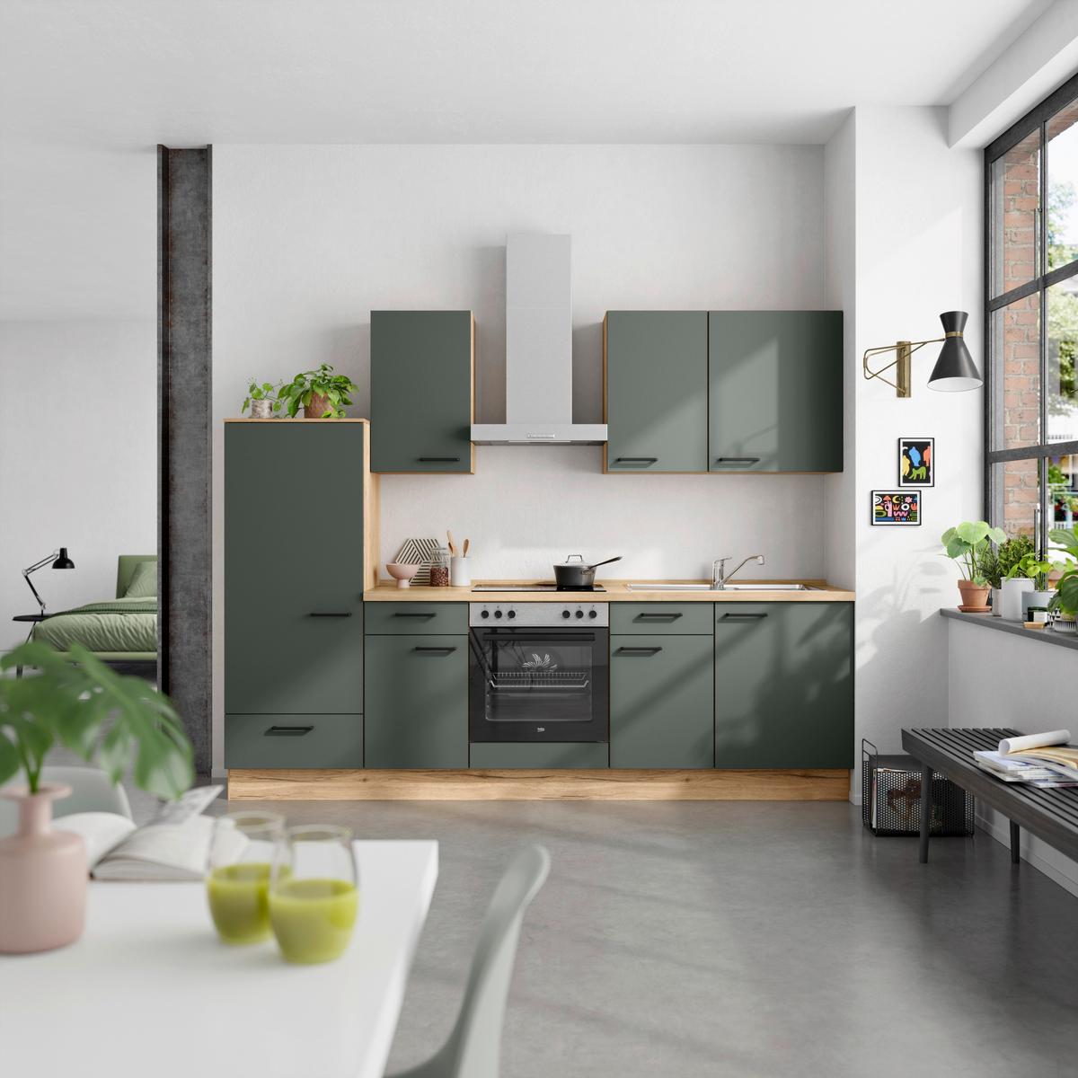 Küchenblock Easytouch m. Geräten Dunkelgrün - Dunkelgrün/Eichefarben, MODERN, Holzwerkstoff/Metall (270cm) - Nobilia