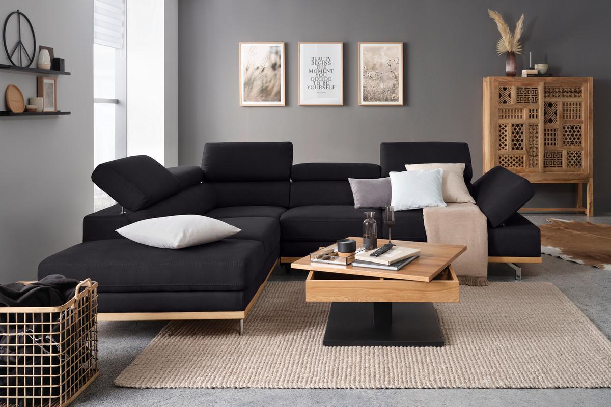 Wohnlandschaft Carmen links Dunkelbraun - Dunkelbraun/Schwarz, MODERN, Leder/Holz (292/72/226cm) - Premium Living