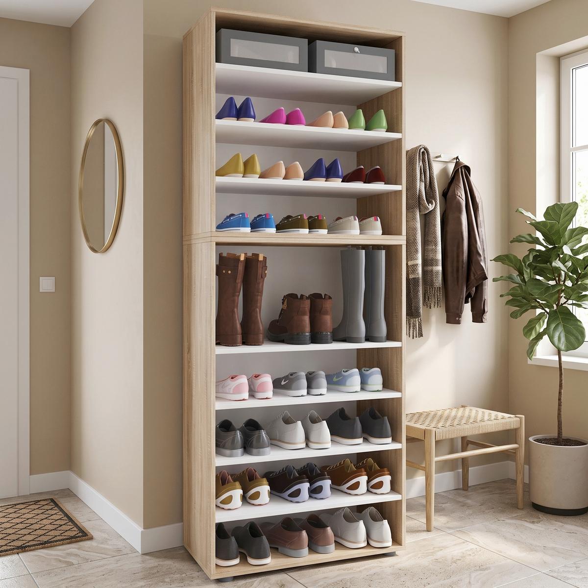 Schuhregal Lona XXL ca.70x183x37cm Eiche Dekor - Schwarz/Sonoma Eiche, KONVENTIONELL, Holzwerkstoff/Kunststoff (70/183/37cm) - MID.YOU