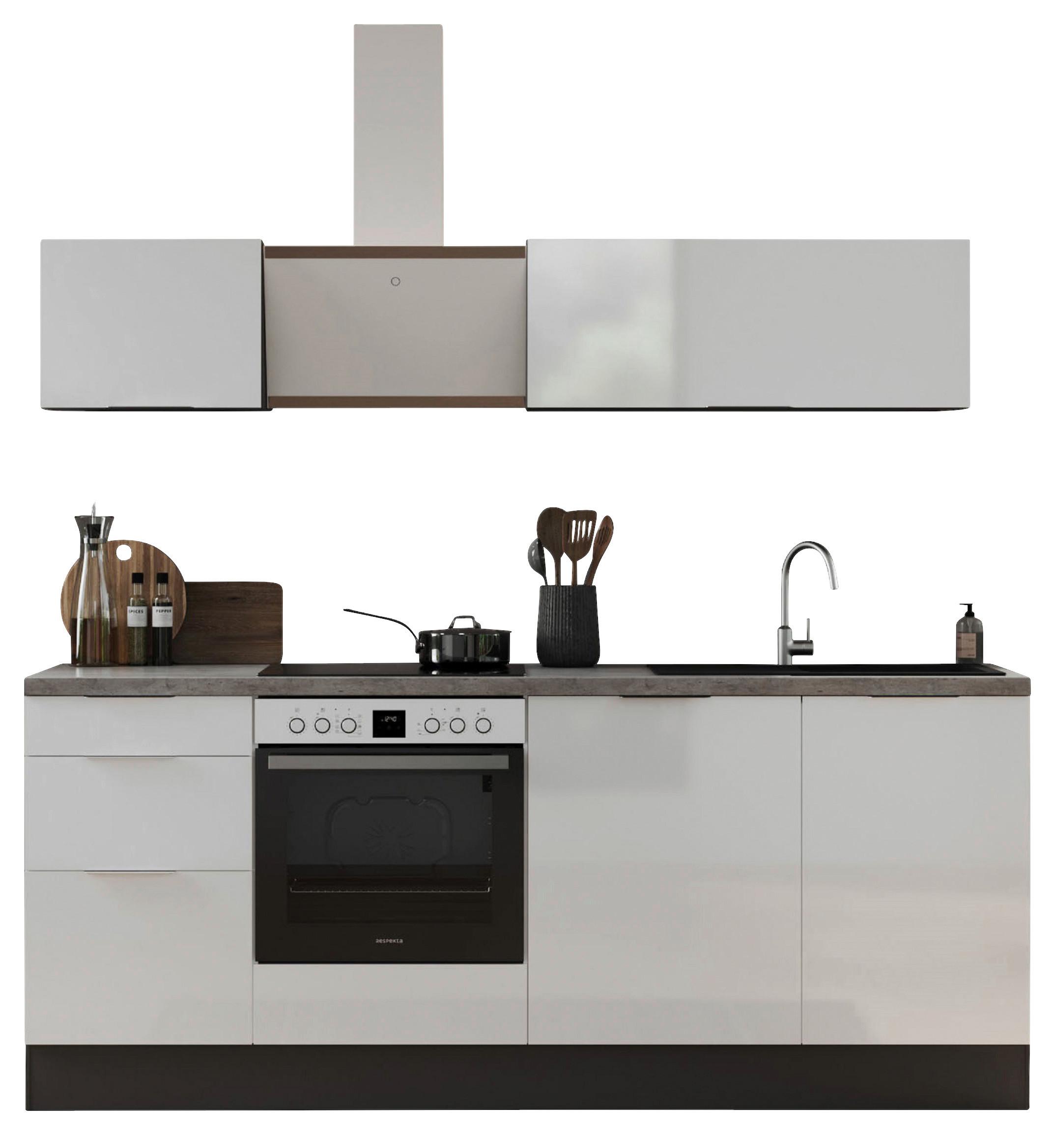 Küchenblock Elisabeth mit Geräten Weiß/Grau ca. 220 cm - Weiß Hochglanz/Hellgrau, LIFESTYLE, Holzwerkstoff/Metall (220/225/60cm) - Respekta