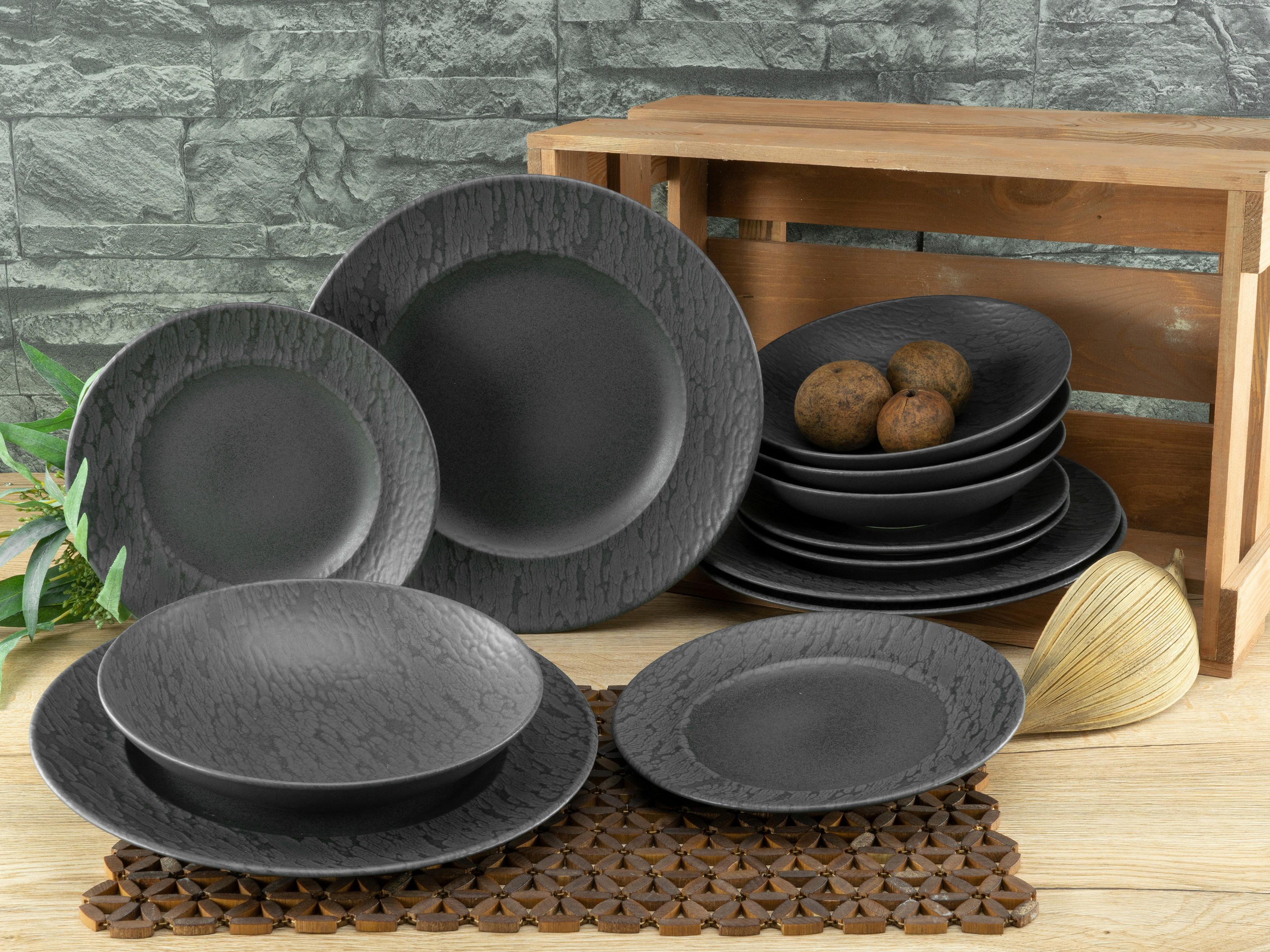 Tafelservice Rondo Schiefer in Schwarz, 12-teilig - Schwarz, MODERN, Keramik (43/40/37cm) - Creatable
