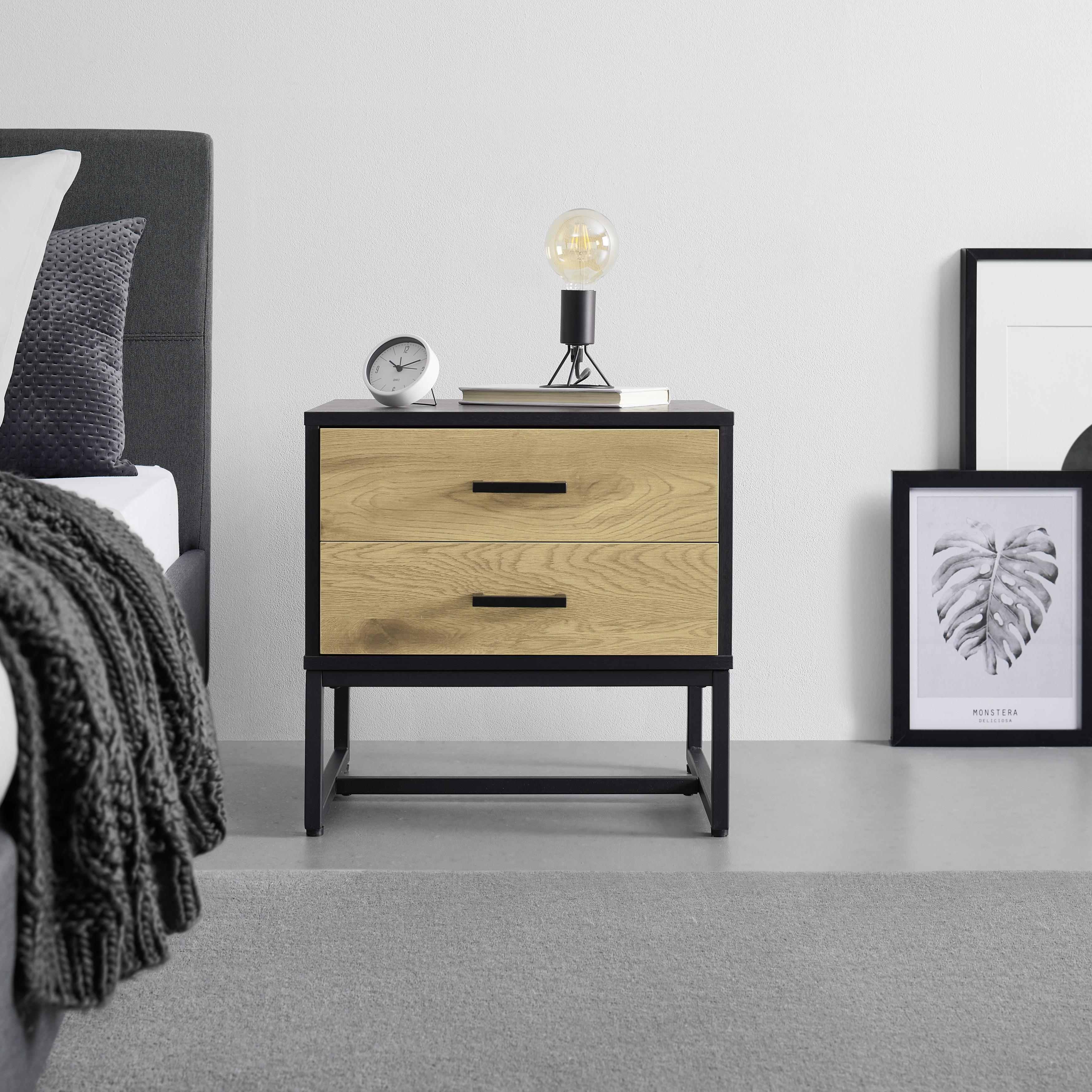 Nachtkästchen "Giorgia", Holz-Dekor, Eiche - Eichefarben/Schwarz, MODERN, Metall (50/50/40cm) - Bessagi Home