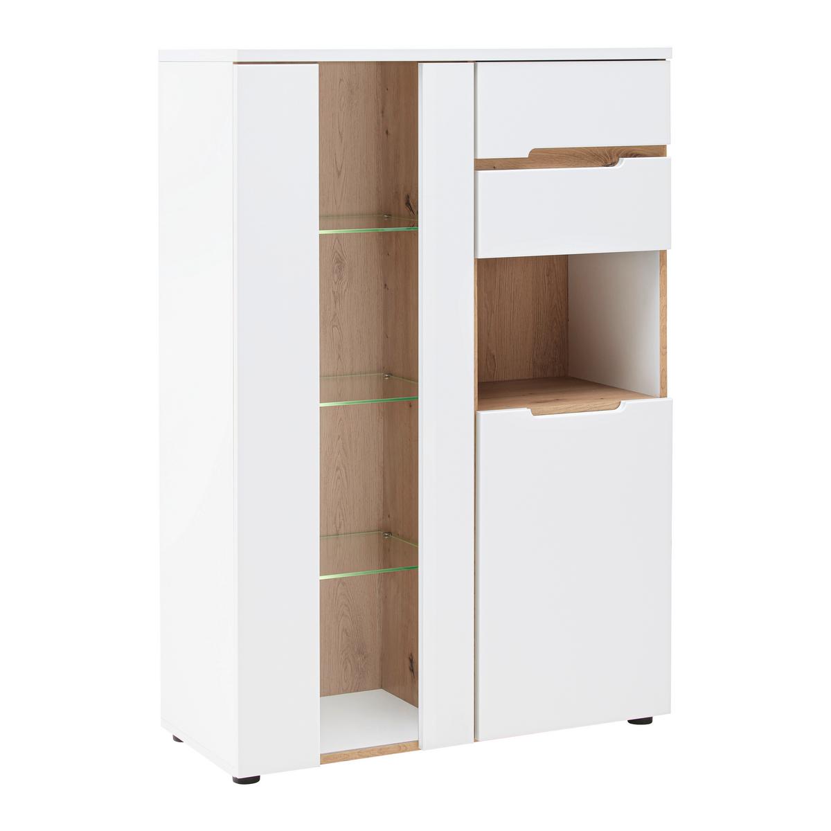 Vitrine Dallas Weiss/Eiche Artisan - Weiss/Schwarz, Modern, Holzwerkstoff (85/127/38cm) - Premium Living