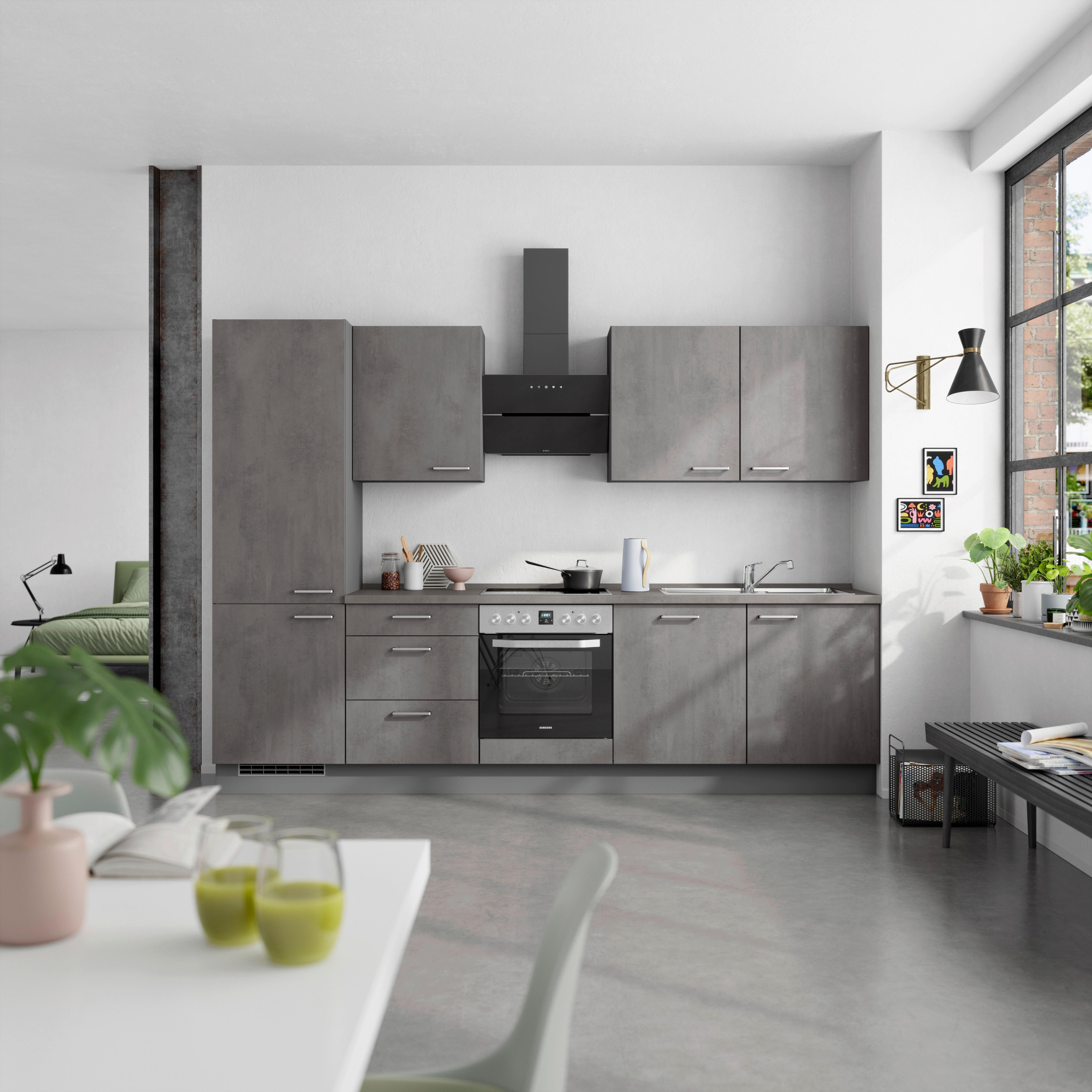 Küchenblock Riva High m. Geräten Schieferfarben - Schieferfarben/Edelstahlfarben, MODERN, Holzwerkstoff/Metall (300cm) - Nobilia