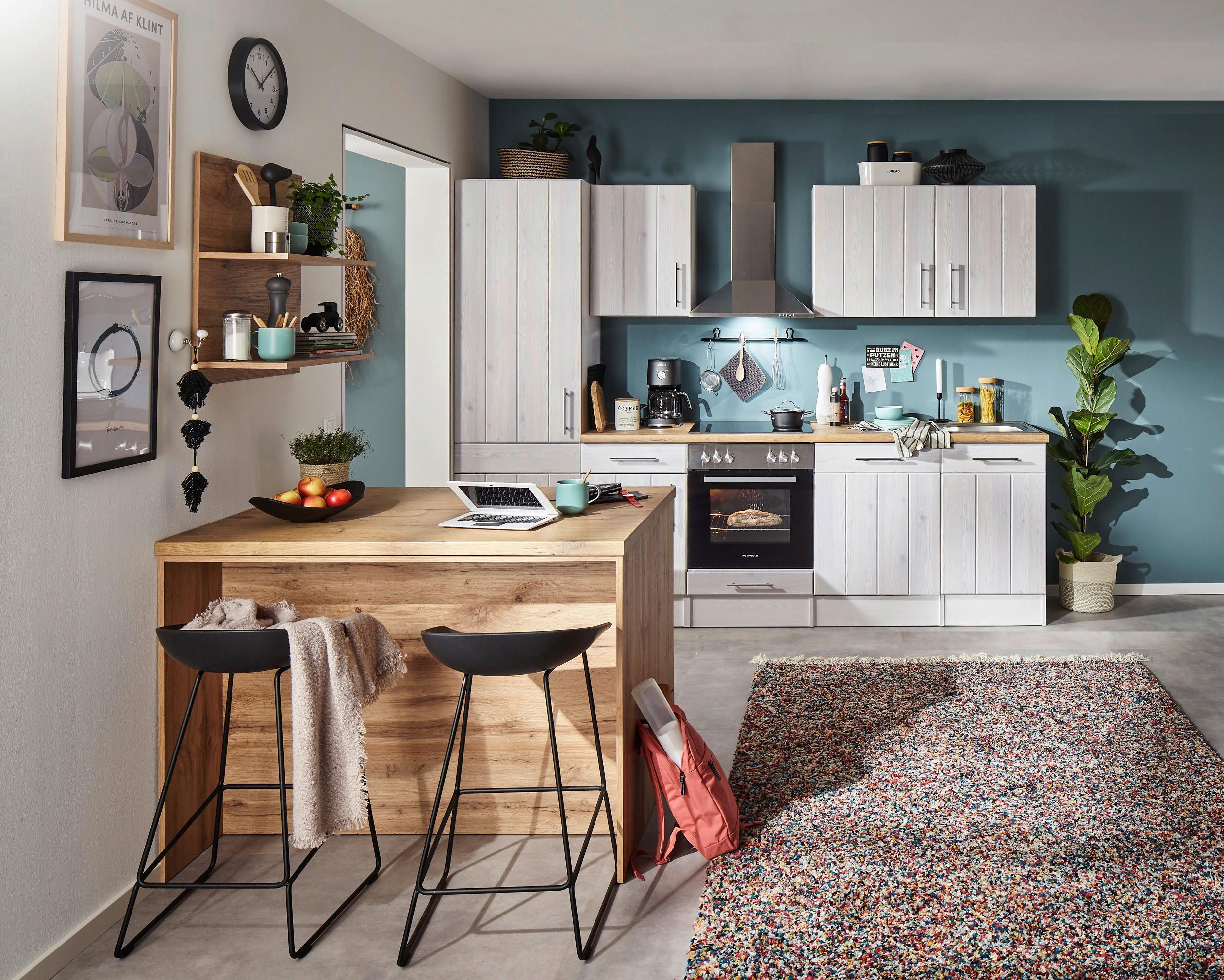 Küchenblock Anton mit Geräten ca. 280-124 cm Weiß - Wildeiche/Edelstahlfarben, LIFESTYLE, Holzwerkstoff/Metall (280-124cm) - Respekta