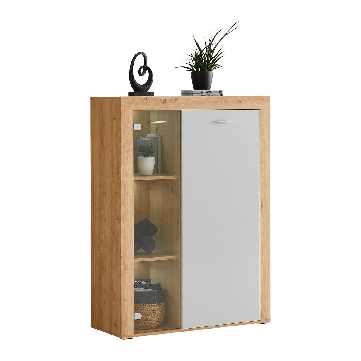 Comodă înaltă CANBERRA - Modern, sticlă/material pe bază de lemn (90/123,1/34,8cm) - Modern Living