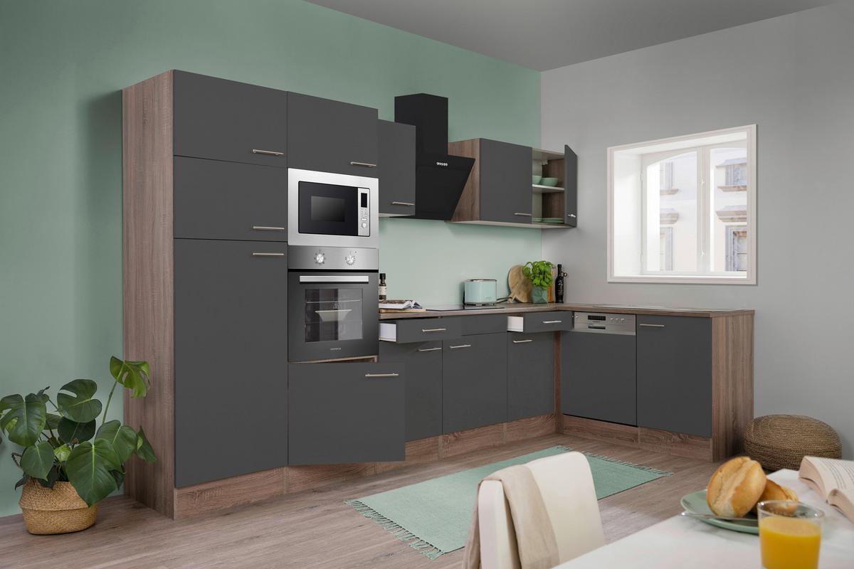 Eckküche Oliver mit Geräten ca. 340x172 cm Grau - Eichefarben/Grau, Basics, Holzwerkstoff/Metall (340/172cm) - Respekta
