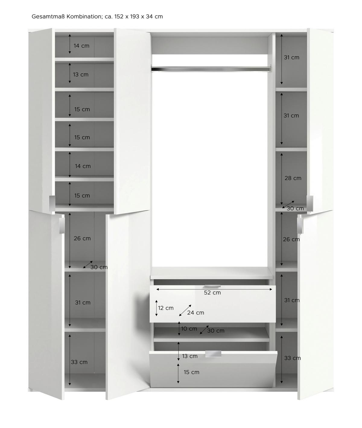 Garderobe Projekt X ca. 152x193 cm Weiß - Weiß Hochglanz, MODERN, Holzwerkstoff (152/193/34cm) - MID.YOU