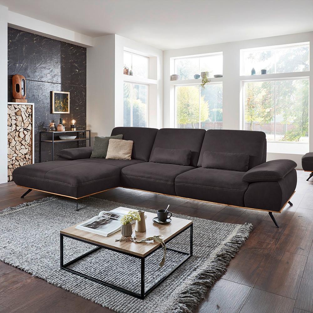 Wohnlandschaft Erling Dunkelbraun - Beige/Dunkelbraun, MODERN, Leder/Metall (187/89/322cm) - Premium Living