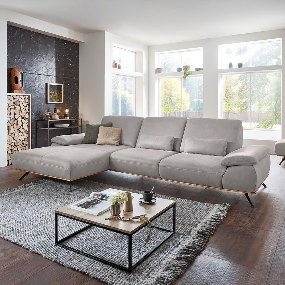 Wohnlandschaft Erling Hellgrau - Beige/Hellgrau, MODERN, Leder/Metall (187/89/322cm) - Premium Living