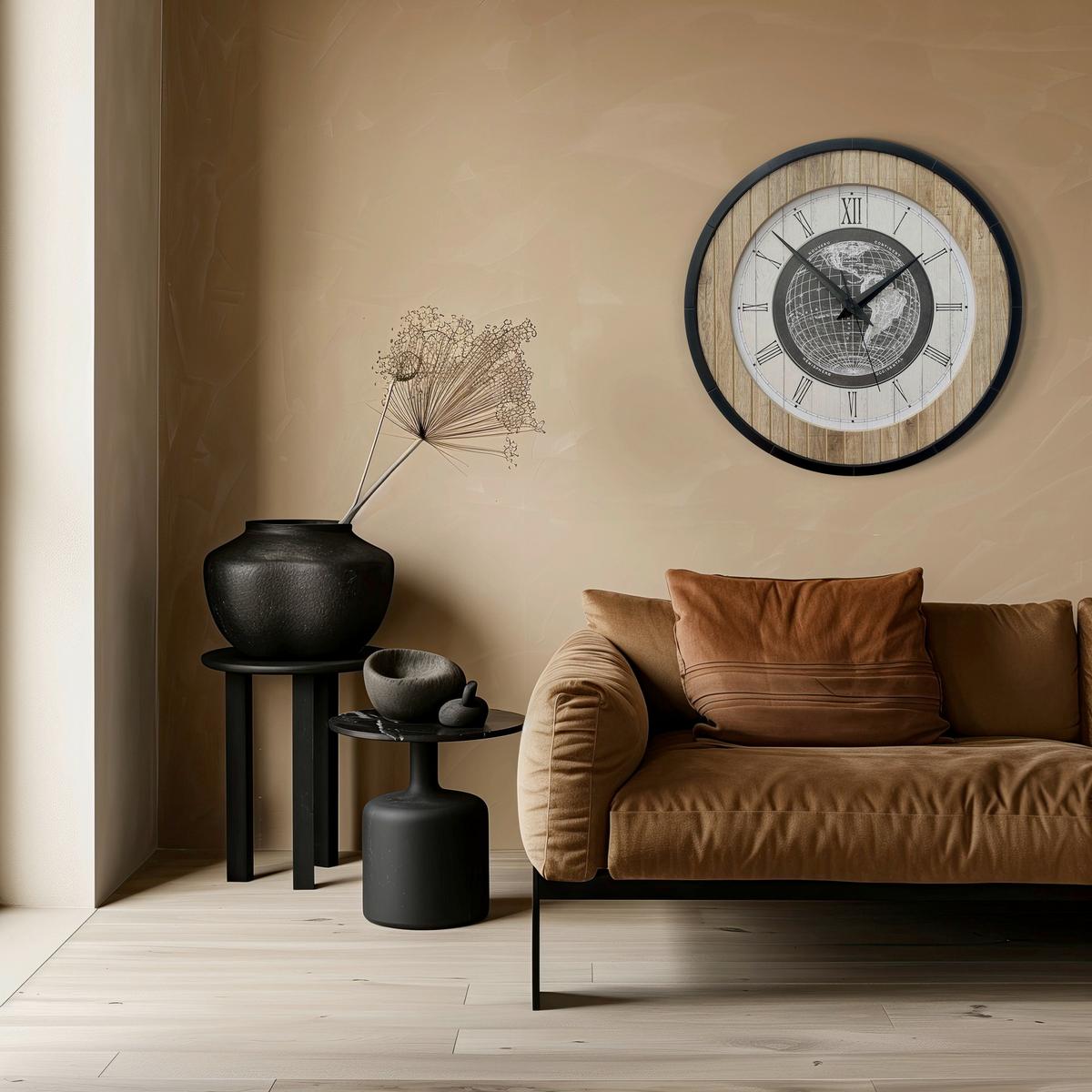 Wanduhr Schwarz/Weiß/Eiche Ø ca. 57cm - Eichefarben/Schwarz, Basics, Holz/Kunststoff (57cm)