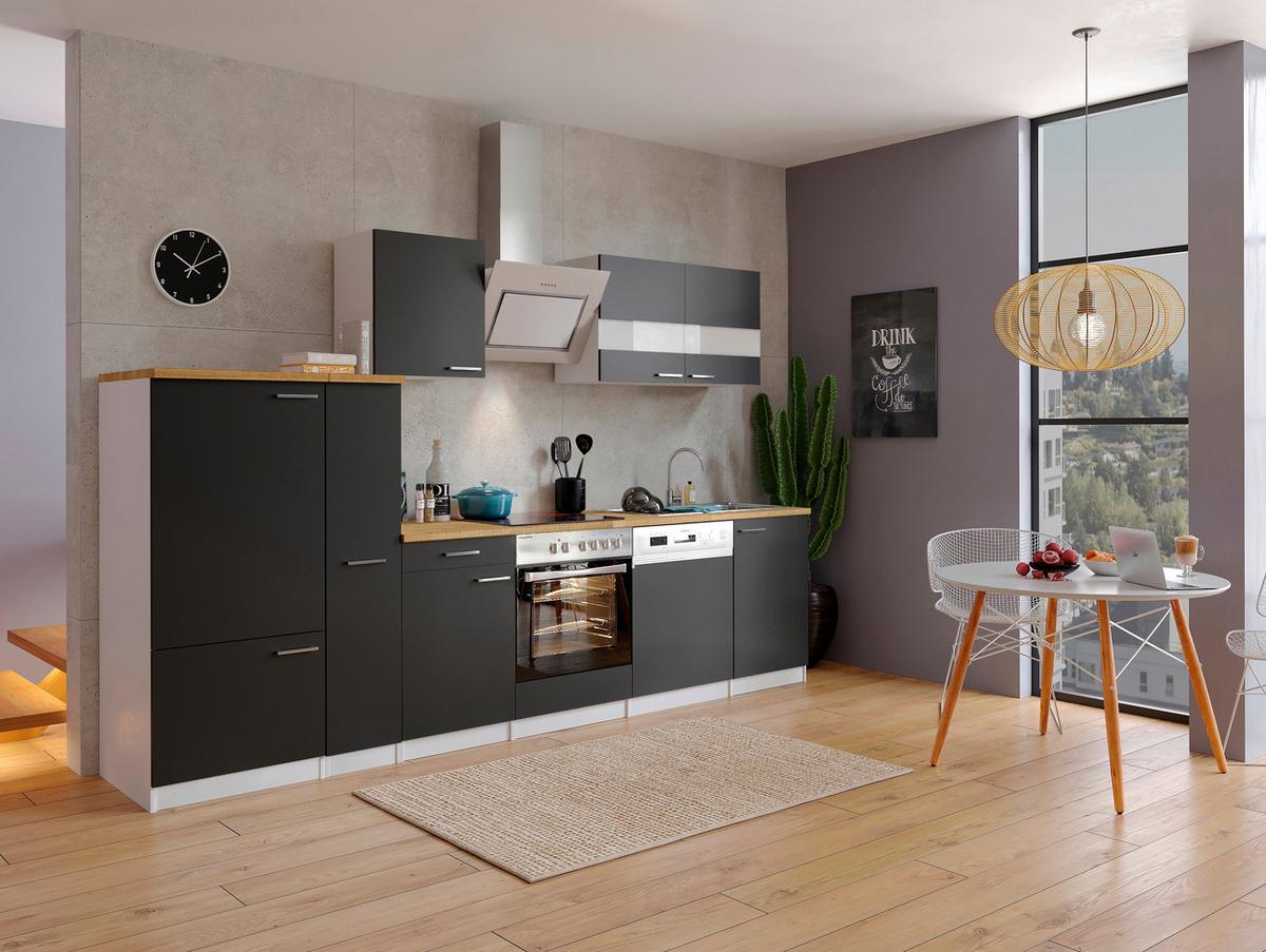 Küchenzeile Economy m. Geräten Schwarz/Nussbaum B: ca. 310 cm - Edelstahlfarben/Nussbaumfarben, Basics, Holzwerkstoff/Metall (310cm) - Respekta