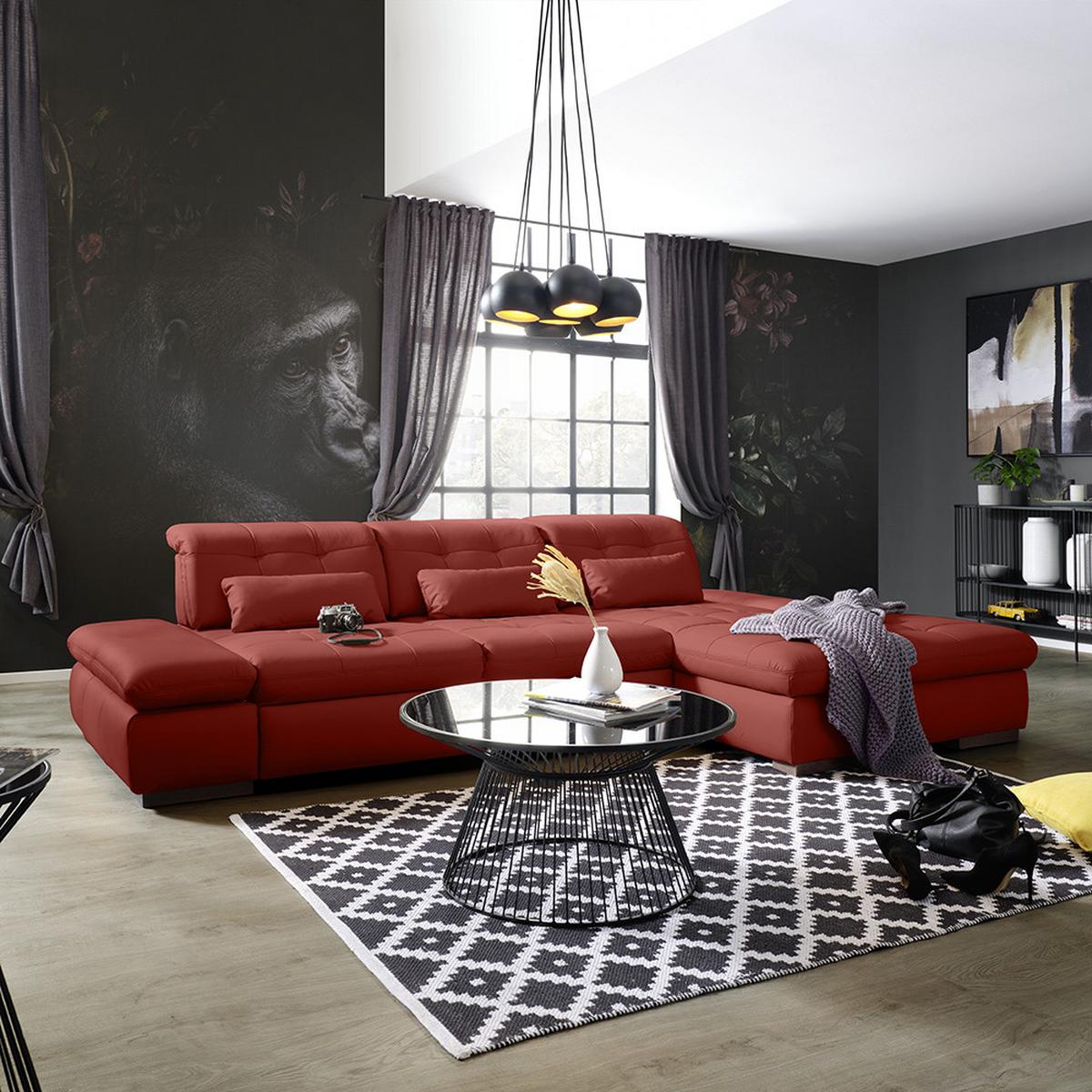 Wohnlandschaft Sanfino Leder Rot - Chromfarben/Rot, KONVENTIONELL, Leder/Metall (305/79-96/199cm) - Premium Living