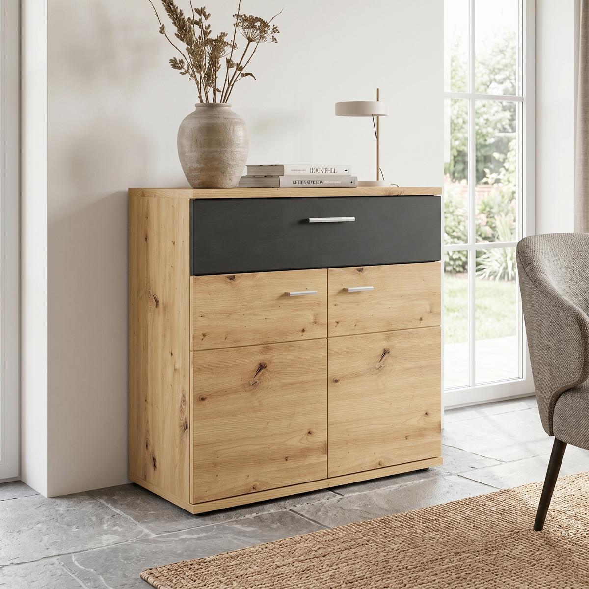 Komoda Nina - crna/hrast artisan, pločasti materijal/plastika (80,7/84/38cm) - Modern Living