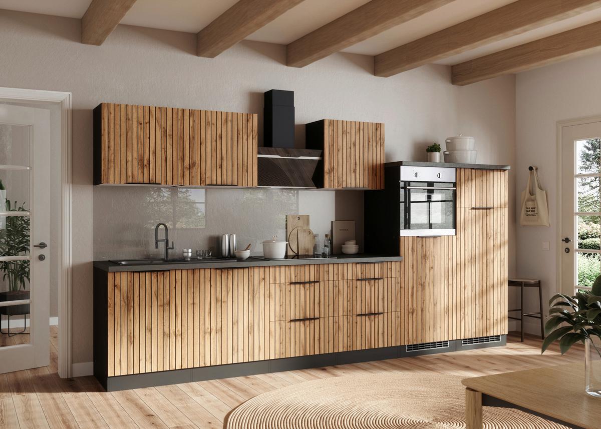 Küchenblock Liverpool m. Geräte Graphit/Eichefarben - Schieferfarben/Eiche Wotan, Basics, Holzwerkstoff/Metall (360cm) - Held