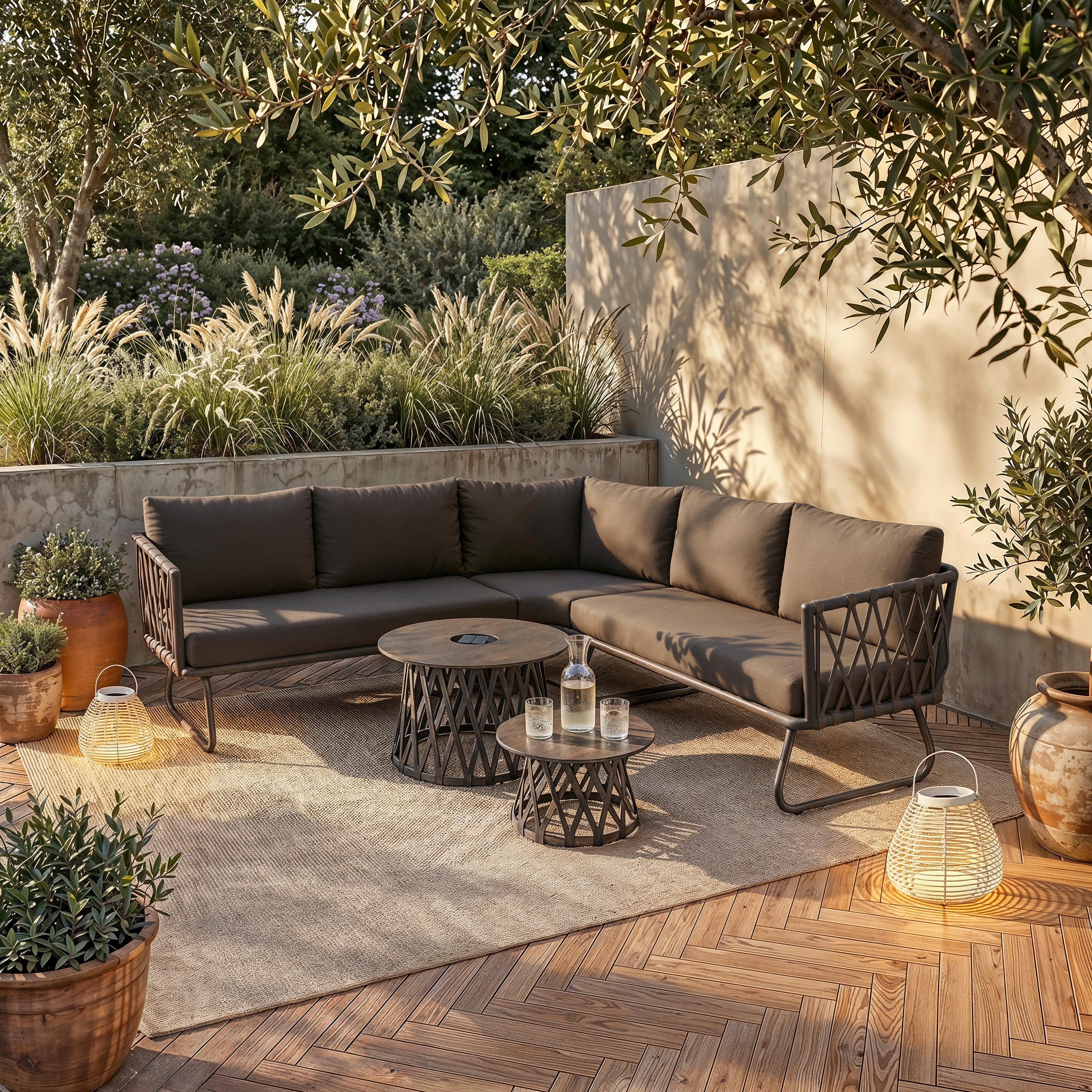 Loungegarnitur Elea Dunkelgrau Solarbeleuchtung + Abdeckung - Dunkelgrau/Anthrazit, MODERN, Textil/Stein (234/74/77cm) - Bessagi Garden